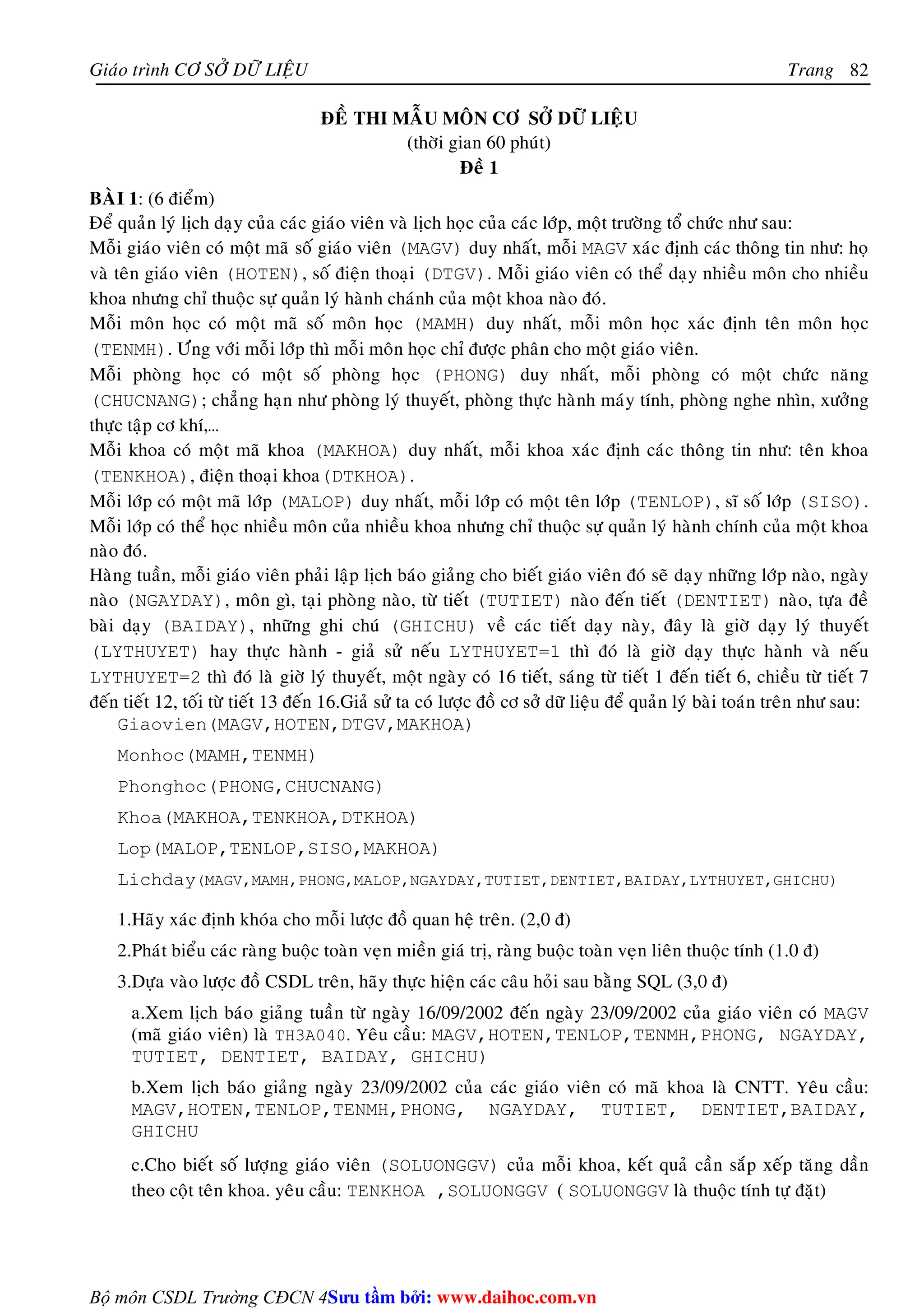 Giaùo trình CÔ SÔÛ DÖÕ LIEÄU Trang 
Bộ môn CSDL Trường CĐCN 4 
82 
ÑEÀ THI MAÃU MOÂN CÔ SÔÛ DÖÕ LIEÄU 
(thôøi gian 60 phuùt) 
Ñeà 1 
BAØI 1: (6 ñieåm) 
Ñeå quaûn lyù lòch daïy cuûa caùc giaùo vieân vaø lòch hoïc cuûa caùc lôùp, moät tröôøng toå chöùc nhö sau: 
Moãi giaùo vieân coù moät maõ soá giaùo vieân (MAGV) duy nhaát, moãi MAGV xaùc ñònh caùc thoâng tin nhö: hoï 
vaø teân giaùo vieân (HOTEN), soá ñieän thoaïi (DTGV). Moãi giaùo vieân coù theå daïy nhieàu moân cho nhieàu 
khoa nhöng chæ thuoäc söï quaûn lyù haønh chaùnh cuûa moät khoa naøo ñoù. 
Moãi moân hoïc coù moät maõ soá moân hoïc (MAMH) duy nhaát, moãi moân hoïc xaùc ñònh teân moân hoïc 
(TENMH). Öùng vôùi moãi lôùp thì moãi moân hoïc chæ ñöôïc phaân cho moät giaùo vieân. 
Moãi phoøng hoïc coù moät soá phoøng hoïc (PHONG) duy nhaát, moãi phoøng coù moät chöùc naêng 
(CHUCNANG); chaúng haïn nhö phoøng lyù thuyeát, phoøng thöïc haønh maùy tính, phoøng nghe nhìn, xöôûng 
thöïc taäp cô khí,… 
Moãi khoa coù moät maõ khoa (MAKHOA) duy nhaát, moãi khoa xaùc ñònh caùc thoâng tin nhö: teân khoa 
(TENKHOA), ñieän thoaïi khoa(DTKHOA). 
Moãi lôùp coù moät maõ lôùp (MALOP) duy nhaát, moãi lôùp coù moät teân lôùp (TENLOP), só soá lôùp (SISO). 
Moãi lôùp coù theå hoïc nhieàu moân cuûa nhieàu khoa nhöng chæ thuoäc söï quaûn lyù haønh chính cuûa moät khoa 
naøo ñoù. 
Haøng tuaàn, moãi giaùo vieân phaûi laäp lòch baùo giaûng cho bieát giaùo vieân ñoù seõ daïy nhöõng lôùp naøo, ngaøy 
naøo (NGAYDAY), moân gì, taïi phoøng naøo, töø tieát (TUTIET) naøo ñeán tieát (DENTIET) naøo, töïa ñeà 
baøi daïy (BAIDAY), nhöõng ghi chuù (GHICHU) veà caùc tieát daïy naøy, ñaây laø giôø daïy lyù thuyeát 
(LYTHUYET) hay thöïc haønh - giaû söû neáu LYTHUYET=1 thì ñoù laø giôø daïy thöïc haønh vaø neáu 
LYTHUYET=2 thì ñoù laø giôø lyù thuyeát, moät ngaøy coù 16 tieát, saùng töø tieát 1 ñeán tieát 6, chieàu töø tieát 7 
ñeán tieát 12, toái töø tieát 13 ñeán 16.Giaû söû ta coù löôïc ñoà cô sôû döõ lieäu ñeå quaûn lyù baøi toaùn treân nhö sau: 
Giaovien(MAGV,HOTEN,DTGV,MAKHOA) 
Monhoc(MAMH,TENMH) 
Phonghoc(PHONG,CHUCNANG) 
Khoa(MAKHOA,TENKHOA,DTKHOA) 
Lop(MALOP,TENLOP,SISO,MAKHOA) 
Lichday(MAGV,MAMH,PHONG,MALOP,NGAYDAY,TUTIET,DENTIET,BAIDAY,LYTHUYET,GHICHU) 
1.Haõy xaùc ñònh khoùa cho moãi löôïc ñoà quan heä treân. (2,0 ñ) 
2.Phaùt bieåu caùc raøng buoäc toaøn veïn mieàn giaù trò, raøng buoäc toaøn veïn lieân thuoäc tính (1.0 ñ) 
3.Döïa vaøo löôïc ñoà CSDL treân, haõy thöïc hieän caùc caâu hoûi sau baèng SQL (3,0 ñ) 
a.Xem lòch baùo giaûng tuaàn töø ngaøy 16/09/2002 ñeán ngaøy 23/09/2002 cuûa giaùo vieân coù MAGV 
(maõ giaùo vieân) laø TH3A040. Yeâu caàu: MAGV,HOTEN,TENLOP,TENMH,PHONG, NGAYDAY, 
TUTIET, DENTIET, BAIDAY, GHICHU) 
b.Xem lòch baùo giaûng ngaøy 23/09/2002 cuûa caùc giaùo vieân coù maõ khoa laø CNTT. Yeâu caàu: 
MAGV,HOTEN,TENLOP,TENMH,PHONG, NGAYDAY, TUTIET, DENTIET,BAIDAY, 
GHICHU 
c.Cho bieát soá löôïng giaùo vieân (SOLUONGGV) cuûa moãi khoa, keát quaû caàn saép xeáp taêng daàn 
theo coät teân khoa. yeâu caàu: TENKHOA ,SOLUONGGV ( SOLUONGGV laø thuoäc tính töï ñaët) 
Su tâm bi: www.daihoc.com.vn 
 