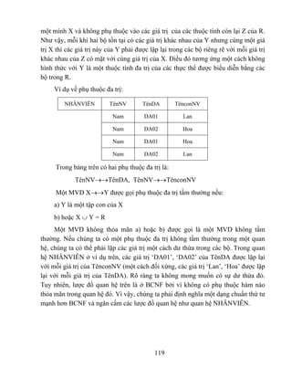 một mình X và không phụ thuộc vào các giá trị của các thuộc tính còn lại Z của R.
Như vậy, mỗi khi hai bộ tồn tại có các giá trị khác nhau của Y nhưng cùng một giá
trị X thì các giá trị này của Y phải được lặp lại trong các bộ riêng rẽ với mỗi giá trị
khác nhau của Z có mặt với cùng giá trị của X. Điều đó tương ứng một cách không
hình thức với Y là một thuộc tính đa trị của các thực thể được biểu diễn bằng các
bộ trong R.
     Ví dụ về phụ thuộc đa trị:

         NHÂNVIÊN         TênNV        TênDA        TênconNV

                           Nam          DA01           Lan

                           Nam          DA02           Hoa

                           Nam          DA01           Hoa

                           Nam          DA02           Lan

     Trong bảng trên có hai phụ thuộc đa trị là:
             TênNV→→TênDA, TênNV→→TênconNV
     Một MVD X→→Y được gọi phụ thuộc đa trị tầm thường nếu:
     a) Y là một tập con của X
     b) hoặc X ∪ Y = R
     Một MVD không thỏa mãn a) hoặc b) được gọi là một MVD không tầm
thường. Nếu chúng ta có một phụ thuộc đa trị không tầm thường trong một quan
hệ, chúng ta có thể phải lặp các giá trị một cách dư thừa trong các bộ. Trong quan
hệ NHÂNVIÊN ở ví dụ trên, các giá trị ‘DA01’, ‘DA02’ của TênDA được lặp lại
với mỗi giá trị của TênconNV (một cách đối xứng, các giá trị ‘Lan’, ‘Hoa’ được lặp
lại với mỗi giá trị của TênDA). Rõ ràng ta không mong muốn có sự dư thừa đó.
Tuy nhiên, lược đồ quan hệ trên là ở BCNF bởi vì không có phụ thuộc hàm nào
thỏa mãn trong quan hệ đó. Vì vậy, chúng ta phải định nghĩa một dạng chuẩn thứ tư
mạnh hơn BCNF và ngăn cấm các lược đồ quan hệ như quan hệ NHÂNVIÊN.




                                            119
 
