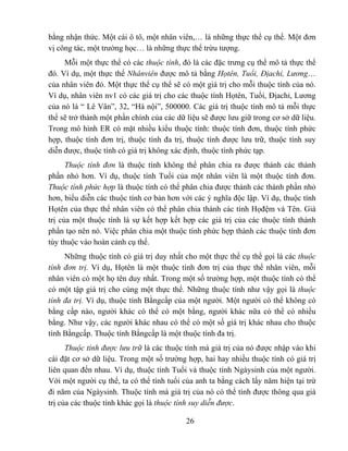 bằng nhận thức. Một cái ô tô, một nhân viên,… là những thực thể cụ thể. Một đơn
vị công tác, một trường học… là những thực thể trừu tượng.
     Mỗi một thực thể có các thuộc tính, đó là các đặc trưng cụ thể mô tả thực thể
đó. Ví dụ, một thực thể Nhânviên được mô tả bằng Họtên, Tuổi, Địachỉ, Lương…
của nhân viên đó. Một thực thể cụ thể sẽ có một giá trị cho mỗi thuộc tính của nó.
Ví dụ, nhân viên nv1 có các giá trị cho các thuộc tính Họtên, Tuổi, Địachỉ, Lương
của nó là “ Lê Vân”, 32, “Hà nội”, 500000. Các giá trị thuộc tính mô tả mỗi thực
thể sẽ trở thành một phần chính của các dữ liệu sẽ được lưu giữ trong cơ sở dữ liệu.
Trong mô hình ER có mặt nhiều kiểu thuộc tính: thuộc tính đơn, thuộc tính phức
hợp, thuộc tính đơn trị, thuộc tính đa trị, thuộc tính được lưu trữ, thuộc tính suy
diễn được, thuộc tính có giá trị không xác định, thuộc tính phức tạp.
      Thuộc tính đơn là thuộc tính không thể phân chia ra được thành các thành
phần nhỏ hơn. Ví dụ, thuộc tính Tuổi của một nhân viên là một thuộc tính đơn.
Thuộc tính phức hợp là thuộc tính có thể phân chia được thành các thành phần nhỏ
hơn, biểu diễn các thuộc tính cơ bản hơn với các ý nghĩa độc lập. Ví dụ, thuộc tính
Họtên của thực thể nhân viên có thể phân chia thành các tính Họđệm và Tên. Giá
trị của một thuộc tính là sự kết hợp kết hợp các giá trị của các thuộc tính thành
phần tạo nên nó. Việc phân chia một thuộc tính phức hợp thành các thuộc tính đơn
tùy thuộc vào hoàn cảnh cụ thể.
     Những thuộc tính có giá trị duy nhất cho một thực thể cụ thể gọi là các thuộc
tính đơn trị. Ví dụ, Họtên là một thuộc tính đơn trị của thực thể nhân viên, mỗi
nhân viên có một họ tên duy nhất. Trong một số trường hợp, một thuộc tính có thể
có một tập giá trị cho cùng một thực thể. Những thuộc tính như vậy gọi là thuộc
tính đa trị. Ví dụ, thuộc tính Bằngcấp của một người. Một người có thể không có
bằng cấp nào, người khác có thể có một bằng, người khác nữa có thể có nhiều
bằng. Như vậy, các người khác nhau có thể có một số giá trị khác nhau cho thuộc
tính Bằngcấp. Thuộc tính Bằngcấp là một thuộc tính đa trị.
      Thuộc tính được lưu trữ là các thuộc tính mà giá trị của nó được nhập vào khi
cài đặt cơ sở dữ liệu. Trong một số trường hợp, hai hay nhiều thuộc tính có giá trị
liên quan đến nhau. Ví dụ, thuộc tính Tuổi và thuộc tính Ngàysinh của một người.
Với một người cụ thể, ta có thể tính tuổi của anh ta bằng cách lấy năm hiện tại trừ
đi năm của Ngàysinh. Thuộc tính mà giá trị của nó có thể tính được thông qua giá
trị của các thuộc tính khác gọi là thuộc tính suy diễn được.

                                           26
 