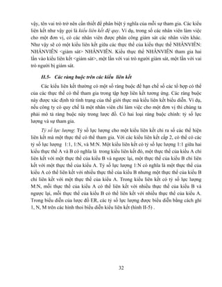 vậy, tên vai trò trở nên cần thiết để phân biệt ý nghĩa của mỗi sự tham gia. Các kiểu
liên kết như vậy gọi là kiểu liên kết đệ quy. Ví dụ, trong số các nhân viên làm việc
cho một đơn vị, có các nhân viên được phân công giám sát các nhân viên khác.
Như vậy sẽ có một kiểu liên kết giữa các thực thể của kiểu thực thể NHÂNVIÊN:
NHÂNVIÊN <giám sát> NHÂNVIÊN. Kiểu thực thể NHÂNVIÊN tham gia hai
lần vào kiểu liên kết <giám sát>, một lần với vai trò người giám sát, một lần với vai
trò người bị giám sát.

     II.5- Các ràng buộc trên các kiểu liên kết
     Các kiểu liên kết thường có một số ràng buộc để hạn chế số các tổ hợp có thể
của các thực thể có thể tham gia trong tập hợp liên kết tương ứng. Các ràng buộc
này được xác định từ tình trạng của thế giới thực mà kiểu liên kết biểu diễn. Ví dụ,
nếu công ty có quy chế là một nhân viên chỉ làm việc cho một đơn vị thì chúng ta
phải mô tả ràng buộc này trong lược đồ. Có hai loại ràng buộc chính: tỷ số lực
lượng và sự tham gia.
      Tỷ số lực lượng: Tỷ số lực lượng cho một kiểu liên kết chỉ ra số các thể hiện
liên kết mà một thực thể có thể tham gia. Với các kiểu liên kết cấp 2, có thể có các
tỷ số lực lượng 1:1, 1:N, và M:N. Một kiểu liên kết có tỷ số lực lượng 1:1 giữa hai
kiểu thực thể A và B có nghĩa là trong kiểu liên kết đó, một thực thể của kiểu A chỉ
liên kết với một thực thể của kiểu B và ngược lại, một thực thể của kiểu B chỉ liên
kết với một thực thể của kiểu A. Tỷ số lực lượng 1:N có nghĩa là một thực thể của
kiểu A có thể liên kết với nhiều thực thể của kiểu B nhưng một thực thể của kiểu B
chỉ liên kết với một thực thể của kiểu A. Trong kiểu liên kết có tỷ số lực lượng
M:N, mỗi thực thể của kiểu A có thể liên kết với nhiều thực thể của kiểu B và
ngược lại, mỗi thực thể của kiểu B có thể liên kết với nhiều thực thể của kiểu A.
Trong biểu diễn của lược đồ ER, các tỷ số lực lượng được biểu diễn bằng cách ghi
1, N, M trên các hình thoi biểu diễn kiểu liên kết (hình II-5) .




                                           32
 