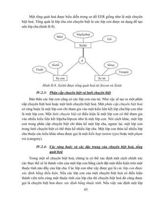 Một tổng quát hoá được biểu diễn trong sơ đồ EER giống như là một chuyên
biệt hoá. Tổng quát là lớp cha còn chuyên biệt là các lớp con được sử dụng để tạo
nên lớp cha (hình II-8).

                                     Sốgiấyphép
                       Mãsố
                                                            Giá

                                      Xeôtô



                                        d
                    Sốchỗ                                   Sốtrục
         Tốcđộ
                                                                     Trọngtải

                       Xe con                      Xe tải

              Hình II-8. Xeôtô được tổng quát hoá từ Xecon và Xetải

         IV.2.3- Phân cấp chuyên biệt và lưới chuyên biệt
      Bản thân các lớp con cũng có các lớp con của nó. Như vậy sẽ tạo ra một phân
cấp chuyên biệt hoá hoặc một lưới chuyên biệt hoá. Một phân cấp chuyên biệt hoá
có ràng buộc là một lớp con chỉ tham gia vào một kiểu liên kết lớp cha/lớp con như
là một lớp con. Một lưới chuyên biệt có điều kiện là một lớp con có thể tham gia
vào nhiều kiểu liên kết lớpcha/lớpcon như là một lớp con. Nói cách khác, một lớp
con trong phân cấp chuyên biệt chỉ thừa kế một lớp cha, ngược lại, một lớp con
trong lưới chuyên biệt có thể thừa kế nhiều lớp cha. Một lớp con thừa kế nhiều lớp
cha thuộc các kiểu khác nhau được gọi là một kiểu hợp (union type) hoặc một phạm
trù (category).

         IV.2.4- Các ràng buộc và các đặc trung của chuyên biệt hoá, tổng
                 quát hoá
     Trong một số chuyên biệt hoá, chúng ta có thể xác định một cách chính xác
các thực thể sẽ là thành viên của một lớp con bằng cách đặt một điều kiện trên một
thuộc tính nào đấy của lớp cha. Các lớp con như vậy được gọi là các lớp con được
xác định bằng điều kiện. Nếu các lớp con của một chuyên biệt hoá có điều kiện
thành viên trên cùng một thuộc tính của lớp cha thì chuyên biệt hoá đó cũng được
gọi là chuyên biệt hoá được xác định bằng thuộc tính. Nếu việc xác định một lớp
                                            43
 