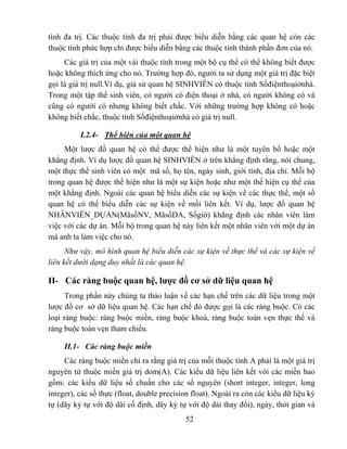 tính đa trị. Các thuộc tính đa trị phải được biểu diễn bằng các quan hệ còn các
thuộc tính phức hợp chỉ được biểu diễn bằng các thuộc tính thành phần đơn của nó.
     Các giá trị của một vài thuộc tính trong một bộ cụ thể có thể không biết được
hoặc không thích ứng cho nó. Trường hợp đó, người ta sử dụng một giá trị đặc biệt
gọi là giá trị null.Ví dụ, giả sử quan hệ SINHVIÊN có thuộc tính Sốđiệnthoạiởnhà.
Trong một tập thể sinh viên, có người có điện thoại ở nhà, có người không có và
cũng có người có nhưng không biết chắc. Với những trường hợp không có hoặc
không biết chắc, thuộc tính Sốđiệnthoạiởnhà có giá trị null.

          I.2.4- Thể hiện của một quan hệ
     Một lược đồ quan hệ có thể được thể hiện như là một tuyên bố hoặc một
khẳng định. Ví dụ lược đồ quan hệ SINHVIÊN ở trên khẳng định rằng, nói chung,
một thực thể sinh viên có một mã số, họ tên, ngày sinh, giới tính, địa chỉ. Mỗi bộ
trong quan hệ được thể hiện như là một sự kiện hoặc như một thể hiện cụ thể của
một khẳng định. Ngoài các quan hệ biểu diễn các sự kiện về các thực thể, một số
quan hệ có thể biểu diễn các sự kiện về mối liên kết. Ví dụ, lược đồ quan hệ
NHÂNVIÊN_DỰÁN(MãsốNV, MãsốDA, Sốgiờ) khẳng định các nhân viên làm
việc với các dự án. Mỗi bộ trong quan hệ này liên kết một nhân viên với một dự án
mà anh ta làm việc cho nó.
      Như vậy, mô hình quan hệ biểu diễn các sự kiện về thực thể và các sự kiện về
liên kết dưới dạng duy nhất là các quan hệ.

II- Các ràng buộc quan hệ, lược đồ cơ sở dữ liệu quan hệ
      Trong phần này chúng ta thảo luận về các hạn chế trên các dữ liệu trong một
lược đồ cơ sở dữ liệu quan hệ. Các hạn chế đó được gọi là các ràng buộc. Có các
loại ràng buộc: ràng buộc miền, ràng buộc khoá, ràng buộc toàn vẹn thực thể và
ràng buộc toàn vẹn tham chiếu.

     II.1- Các ràng buộc miền
     Các ràng buộc miền chỉ ra rằng giá trị của mỗi thuộc tính A phải là một giá trị
nguyên tử thuộc miền giá trị dom(A). Các kiểu dữ liệu liên kết với các miền bao
gồm: các kiểu dữ liệu số chuẩn cho các số nguyên (short integer, integer, long
integer), các số thực (float, double precision float). Ngoài ra còn các kiểu dữ liệu ký
tự (dãy ký tự với độ dài cố định, dãy ký tự với độ dài thay đổi), ngày, thời gian và
                                            52
 
