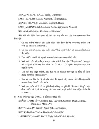 NHAXUATBAN(TênNXB, Địachỉ, Điệnthoại)
     SACH_BANSAO(Mãsách, Mãnhánh, Sốlượngbảnsao)
     NHANH_THUVIEN(Mãnhanh, Tênnhánh, Địachỉ)
     SACH_MUON(Mãsách, Mãnhánh, Sốthẻ, Ngàymượn, Ngàytrả)
     NGUOIMUON(Sốthẻ, Tên, Địachỉ, Điệnthoại)
    Hãy viết các biểu thức quan hệ cho các truy vấn sau đây trên cơ sở dữ liệu
Thưviện:
     1. Có bao nhiêu bản sao của cuốn sách “The Lost Tribe” có trong nhánh thư
        viện có tên là “Shapstown”.
     2. Có bao nhiêu bản sao của cuốn sách “The Lost Tribe” có trong mỗi nhánh
        thư viện.
     3. Đưa ra tên của tất cả người muợn chưa mượn cuốn sách nào.
     4. Với mỗi cuốn sách được mượn ra từ nhánh thư viện “Shapstown” có ngày
        trả là ngày hôm nay, hãy đưa ra Tên sách, Tên người mượn và địa chỉ
        người mượn.
     5. Với mỗi thư viện nhánh, hãy đưa ra tên nhánh thư viện và tổng số sách
        được mượn ra từ nhánh này.
     6. Đưa ra tên, địa chỉ và số các sách do người này mượn với những người
        mượn nhiều hơn 5 cuốn sách.
     7. Với mỗi cuốn sách có tác giả (hoặc đồng tác giả) là “Stephen King”, hãy
        đưa ra tên sách và số lượng các bản sao có tại nhánh thư viện có tên là
        “Central”.
3)   Cho cơ sở dữ liệu CÔNGTY gồm các lược đồ:
     NHÂNVIÊN(Mã sốNV, Họđệm, Tên, Ngàysinh, Giớitính, Địachỉ, Lương,
              MãsốNGS, Mã sốĐV)
     ĐƠNVỊ(MãsốĐV, TênĐV, MãsốNQL, Ngàybắtđầu)
     DỰÁN(MãsốDA, TênDA, ĐịađiểmDA, MãsốĐV)
     PHỤTHUỘC(MãsốNV, TênPT, Ngày sinh, Giớitính, Quanhệ)
                                        84
 