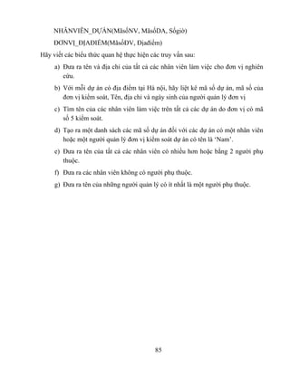 NHÂNVIÊN_DỰÁN(MãsốNV, MãsốDA, Sốgiờ)
     ĐƠNVỊ_ĐỊAĐIỂM(MãsốĐV, Địađiểm)
Hãy viết các biểu thức quan hệ thực hiện các truy vấn sau:
     a) Đưa ra tên và địa chỉ của tất cả các nhân viên làm việc cho đơn vị nghiên
        cứu.
     b) Với mỗi dự án có địa điểm tại Hà nội, hãy liệt kê mã số dự án, mã số của
        đơn vị kiểm soát, Tên, địa chỉ và ngày sinh của người quản lý đơn vị
     c) Tìm tên của các nhân viên làm việc trên tất cả các dự án do đơn vị có mã
        số 5 kiểm soát.
     d) Tạo ra một danh sách các mã số dự án đối với các dự án có một nhân viên
        hoặc một người quản lý đơn vị kiểm soát dự án có tên là ‘Nam’.
     e) Đưa ra tên của tất cả các nhân viên có nhiều hơn hoặc bằng 2 người phụ
        thuộc.
     f) Đưa ra các nhân viên không có người phụ thuộc.
     g) Đưa ra tên của những người quản lý có ít nhất là một người phụ thuộc.




                                          85
 