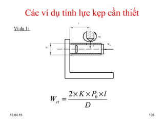 13.04.15 105
Các ví dụ tính lực kẹp cần thiết
02
ct
K P l
W
D
× × ×
=
Ví dụ 1:
Wct
Mc
P0
O
D
l
 