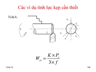 13.04.15 108
Các ví dụ tính lực kẹp cần thiết
Ví dụ 4:
3
z
ct
K P
W
f
×
=
×
Wct
Wct
Wct
Pz
PX
n
 