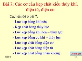 13.04.15 144
Bài 7: Các cơ cấu kẹp chặt kiểu thủy khí,
điện từ, điện cơ
Các vấn đề ở bài 7:
- Lực kẹp bằng khí nén
- Kẹp chặt bằng thủy lực
- Lực kẹp bằng khí nén – thủy lực
- Lực kẹp bằng cơ khí – thủy lực
- Lực kẹp chặt bằng điện cơ
- Lực kẹp chặt bằng điện từ
- Lực kẹp chặt bằng chân không Chương II
 