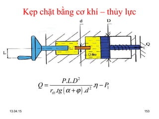 13.04.15 153
Kẹp chặt bằng cơ khí – thủy lực
( )
2
12
. .
.
. .tb
P L D
Q P
r tg d
η
α ϕ
= −
+
 