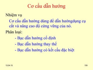 13.04.15 159
Cơ cấu dẫn hướng
Nhiệm vụ
Cơ cấu dẫn hướng dùng để dẫn hướngdụng cụ
cắt và nâng cao độ cứng vững của nó.
Phân loại:
- Bạc dẫn hướng cố định
- Bạc dẫn hướng thay thế
- Bạc dẫn hướng có kết cấu đặc biệt
 
