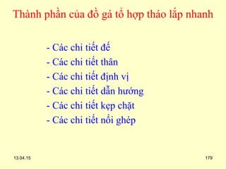 13.04.15 179
Thành phần của đồ gá tổ hợp tháo lắp nhanh
- Các chi tiết đế
- Các chi tiết thân
- Các chi tiết định vị
- Các chi tiết dẫn hướng
- Các chi tiết kẹp chặt
- Các chi tiết nối ghép
 
