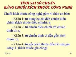 13.04.15 38
TÍNH SAI SỐ CHUẨNTÍNH SAI SỐ CHUẨN
BẰNG CHUỖI KÍCH THƯỚC CÔNG NGHỆBẰNG CHUỖI KÍCH THƯỚC CÔNG NGHỆ
Chuỗi kích thước công nghệ gồm 4 khâu cơ bản:
- Khâu 1: từ dụng cụ cắt đến chuẩn điều
chỉnh (kích thước điều chỉnh): a
- Khâu 2: từ chuẩn điều chỉnh tới chuẩn
định vị: x1
- Khâu 3: từ chuẩn định vị đến gốc kích
thước: x2
- Khâu 4: từ gốc kích thước đến bề mặt gia
công: L (kích thước gia công)
 
