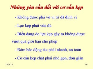 13.04.15 94
Những yêu cầu đối với cơ cấu kẹpNhững yêu cầu đối với cơ cấu kẹp
- Không được phá vỡ vị trí đã định vị
- Lực kẹp phải vừa đủ
- Biến dạng do lực kẹp gây ra không được
vượt quá giới hạn cho phép
- Đảm bảo động tác phải nhanh, an toàn
- Cơ cấu kẹp chặt phải nhỏ gọn, đơn giản
 