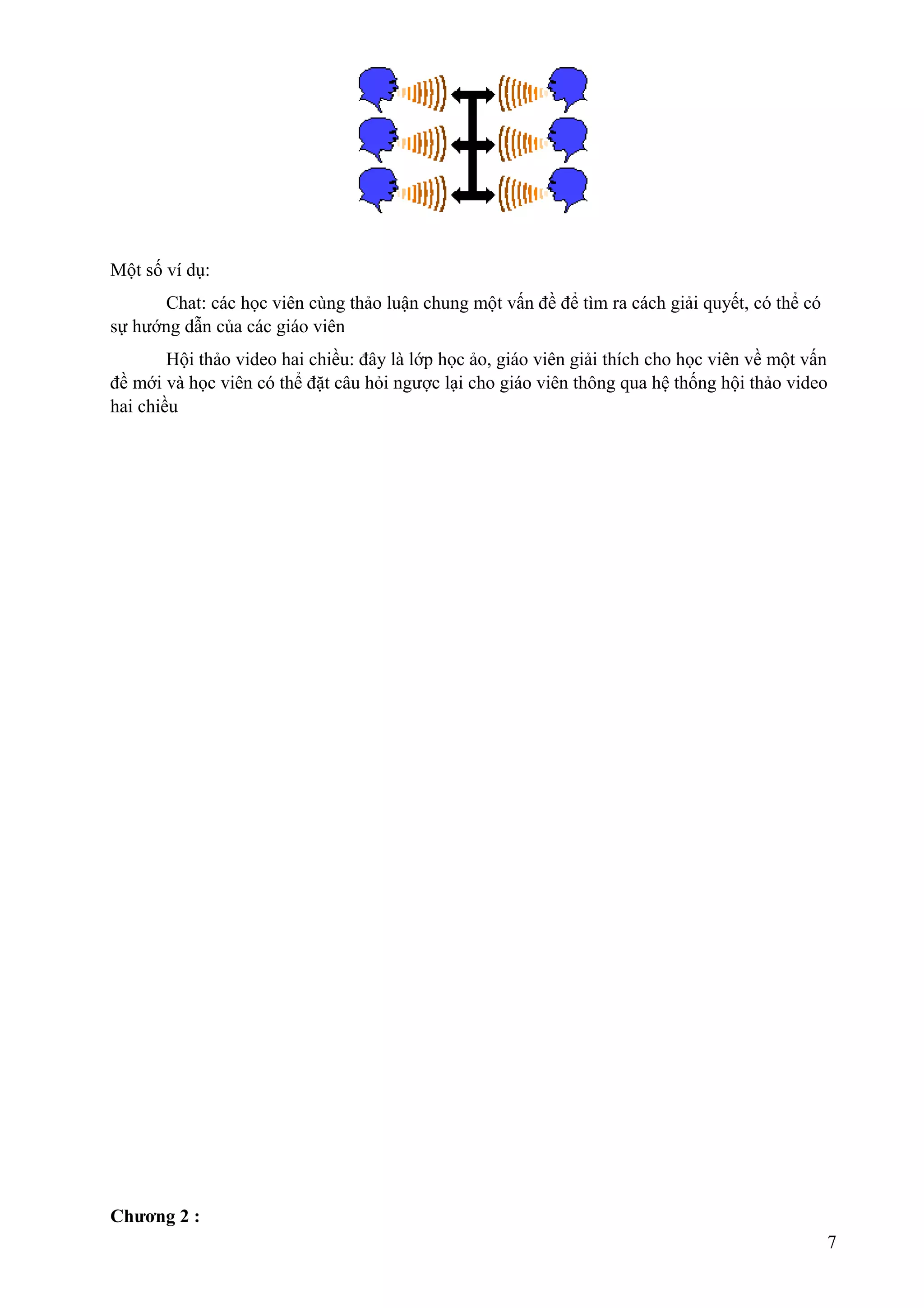 Một số ví dụ:
Chat: các học viên cùng thảo luận chung một vấn đề để tìm ra cách giải quyết, có thể có
sự hướng dẫn của các giáo viên
Hội thảo video hai chiều: đây là lớp học ảo, giáo viên giải thích cho học viên về một vấn
đề mới và học viên có thể đặt câu hỏi ngược lại cho giáo viên thông qua hệ thống hội thảo video
hai chiều

Chương 2 :
7

 