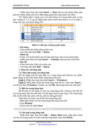 MICROSOFT EXCEL                                            Giáo trình Excel căn bản



      + Nhắp chọn thực đơn lệnh Insert -> Rows để tạo một dòng trống nằm
giữa hai dòng. Dòng mới sẽ có định dạng giống như dòng được lựa chọn.
      VD: Muốn thêm 3 dòng vào vị trí dưới dòng số 6 trong danh sách, ta bôi
đen 3 dòng số 7, 8, 9 sau đó nhắp chọn menu Insert chọn Rows, ta sẽ có được 3
dòng mới vào vị trí dưới dòng số 6.




                     Hình 15. Bôi den số dòng muốn thêm
      - Xóa dòng
      + Chọn một hoặc nhiều dòng muốn xóa.
      + Vào thực đơn lệnh Edit -> Delete.
      - Thêm cột
      + Chọn vị trí muốn thêm cột, bôi đen một hoặc một số cột muốn thêm.
      + Nhắp chọn thực đơn lệnh Insert -> Columns, một cột mới xuất hiện.
      - Xóa cột
      + Chọn một hoặc nhiều cột muốn xóa.
      + Vào thực đơn lệnh Edit -> Delete.
      7. Thao tác với bảng tính
      7.1 Chèn một trang vào bảng tính
      Khi tạo bảng tính thì mặc định có 3 trang bảng tính (Sheet), tuy nhiên
người dùng có thể chèn thêm nhiều trang bảng tính mới.
      Cách 1: Nhắp chọn thực đơn lệnh Insert -> Worksheet.
      Cách 2: Nhấn phải chuột lên trang bảng tính bất kỳ, chọn mục Insert…
sau đó lựa chọn Worksheet và nhấn vào nút OK. Một bảng tính mới xuất hiện.
       7.2 Đổi tên trang bảng tính
       Để dễ quản lý nội dung có trên các trang bảng tính, chúng ta nên đổi tên
các trang bảng tính cho phù hợp với nội dung chứa trong trang. Tên trang bảng
tính có thể chứa dấu cách, chữ cái, chữ số, dấu gạch dưới.
       Thực hiện các bước sau để đổi tên trang bảng tính:
       - Nhấn phải chuột vào tên trang bảng tính muốn thay đổi
       - Chọn Rename
       - Gõ tên mới rồi nhấn Enter
                                    
      7.3 Xóa một trang bảng tính
      - Nhắp chọn thực đơn lệnh Edit -> Delete Sheet hoặc nhắp phải chuột
vào tên của trang muốn xóa làm xuất hiện hộp lệnh, chọn lệnh Delete.

                          NGUYỄN ĐỨC CẢNH
                  WEBSITE - http://nguyenduccanh.name.vn
 