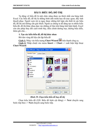 MICROSOFT EXCEL                                            Giáo trình Excel căn bản



                        BÀI 5: BIỂU ĐỒ, ĐỒ THỊ
      Tự động vẽ biểu đồ là một chức năng được ưa thích nhất của bảng tính
Excel. Các biểu đồ, đồ thị là những hình ảnh minh họa rất trực quan, đầy tính
thuyết phục. Người xem rút ra ngay được những kết luận cần thiết từ các biểu
đồ, đồ thị mà không cần giải thích. Ngoài ra chúng ta dễ dàng tạo ra nhiều kiểu
biểu đồ, đồ thị khác nhau dựa vào những số liệu trên bảng tính hiện hành. Excel
còn cho phép thay đổi cách trình bày, điều chỉnh đường trục, đường biểu diễn,
thêm ghi chú…
     1. Tạo các kiểu biểu đồ, đồ thị khác nhau
     Bôi đen vùng dữ liệu cần lập biểu đồ
     Cách 1: Nháy vào biểu tượng Chart Wizard   trên thanh công cụ.
     Cách 2: Nhắp chuột vào menu Insert -> Chart -> xuất hiện hộp thoại
Chart Wizard.




                   Hình 29. Chọn kiểu biểu đồ hay đồ thị
      Chọn kiểu biểu đồ (VD: Biểu đồ hình cột đứng) -> Next chuyển sang
bước tiêp theo -> Next chuyển sang bước tiếp.




                          NGUYỄN ĐỨC CẢNH
                  WEBSITE - http://nguyenduccanh.name.vn
 
