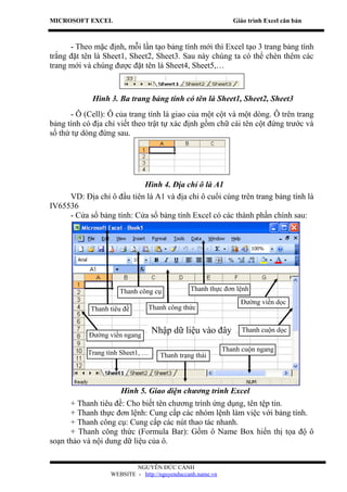 MICROSOFT EXCEL                                               Giáo trình Excel căn bản



      - Theo mặc định, mỗi lần tạo bảng tính mới thì Excel tạo 3 trang bảng tính
trắng đặt tên là Sheet1, Sheet2, Sheet3. Sau này chúng ta có thể chèn thêm các
trang mới và chúng được đặt tên là Sheet4, Sheet5,…



             Hình 3. Ba trang bảng tính có tên là Sheet1, Sheet2, Sheet3
      - Ô (Cell): Ô của trang tính là giao của một cột và một dòng. Ô trên trang
bảng tính có địa chỉ viết theo trật tự xác định gồm chữ cái tên cột đứng trước và
số thứ tự dòng đứng sau.




                           Hình 4. Địa chỉ ô là A1
     VD: Địa chỉ ô đầu tiên là A1 và địa chỉ ô cuối cùng trên trang bảng tính là
IV65536
     - Cửa sổ bảng tính: Cửa sổ bảng tính Excel có các thành phần chính sau:




                     Thanh công cụ            Thanh thực đơn lệnh
                                                                Đường viền dọc
            Thanh tiêu đề      Thanh công thức


            Đường viền ngang
                                  Nhập dữ liệu vào đây           Thanh cuộn dọc

                                                           Thanh cuộn ngang
           Trang tính Sheet1, …     Thanh trạng thái




                      Hình 5. Giao diện chương trình Excel
      + Thanh tiêu đề: Cho biết tên chương trình ứng dụng, tên tệp tin.
      + Thanh thực đơn lệnh: Cung cấp các nhóm lệnh làm việc với bảng tính.
      + Thanh công cụ: Cung cấp các nút thao tác nhanh.
      + Thanh công thức (Formula Bar): Gồm ô Name Box hiển thị tọa độ ô
soạn thảo và nội dung dữ liệu của ô.


                          NGUYỄN ĐỨC CẢNH
                  WEBSITE - http://nguyenduccanh.name.vn
 