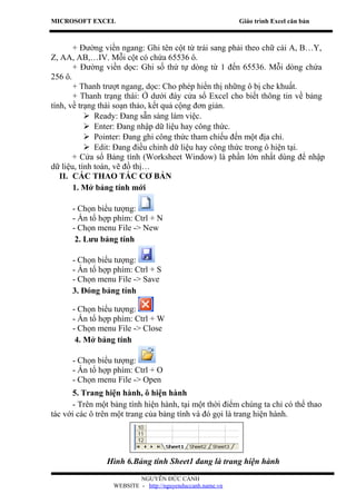 MICROSOFT EXCEL                                            Giáo trình Excel căn bản



       + Đường viền ngang: Ghi tên cột từ trái sang phải theo chữ cái A, B…Y,
Z, AA, AB,…IV. Mỗi cột có chứa 65536 ô.
       + Đường viền dọc: Ghi số thứ tự dòng từ 1 đến 65536. Mỗi dòng chứa
256 ô.
       + Thanh trượt ngang, dọc: Cho phép hiển thị những ô bị che khuất.
       + Thanh trạng thái: Ở dưới đáy cửa sổ Excel cho biết thông tin về bảng
tính, về trạng thái soạn thảo, kết quả cộng đơn giản.
            Ready: Đang sẵn sàng làm việc.
            Enter: Đang nhập dữ liệu hay công thức.
            Pointer: Đang ghi công thức tham chiếu đến một địa chỉ.
            Edit: Đang điều chỉnh dữ liệu hay công thức trong ô hiện tại.
       + Cửa sổ Bảng tính (Worksheet Window) là phần lớn nhất dùng để nhập
dữ liệu, tính toán, vẽ đồ thị…
   II. CÁC THAO TÁC CƠ BẢN
       1. Mở bảng tính mới

      - Chọn biểu tượng:
      - Ấn tổ hợp phím: Ctrl + N
      - Chọn menu File -> New
       2. Lưu bảng tính

      - Chọn biểu tượng:
      - Ấn tổ hợp phím: Ctrl + S
      - Chọn menu File -> Save
      3. Đóng bảng tính

      - Chọn biểu tượng:
      - Ấn tổ hợp phím: Ctrl + W
      - Chọn menu File -> Close
       4. Mở bảng tính

      - Chọn biểu tượng:
      - Ấn tổ hợp phím: Ctrl + O
      - Chọn menu File -> Open
      5. Trang hiện hành, ô hiện hành
      - Trên một bảng tính hiện hành, tại một thời điểm chúng ta chỉ có thể thao
tác với các ô trên một trang của bảng tính và đó gọi là trang hiện hành.




                Hình 6.Bảng tính Sheet1 đang là trang hiện hành

                          NGUYỄN ĐỨC CẢNH
                  WEBSITE - http://nguyenduccanh.name.vn
 
