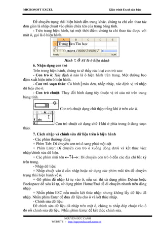 MICROSOFT EXCEL                                            Giáo trình Excel căn bản



      Để chuyển trạng thái hiện hành đến trang khác, chúng ta chỉ cần thao tác
đơn giản là nhắp chuột vào phần chứa tên của trang bảng tính.
      - Trên trang hiện hành, tại một thời điểm chúng ta chỉ thao tác được với
một ô, gọi là ô hiện hành.




                           Hình 7. Ô A1 là ô hiện hành
       6. Nhận dạng con trỏ
       Trên trang hiện hành, chúng ta sẽ thấy các loại con trỏ sau:
       - Con trỏ ô: Xác định ô nào là ô hiện hành trên trang. Một đường bao
đậm xuất hiện trên ô hiện hành.
       - Con trỏ soạn thảo: Có hình│màu đen, nhấp nháy, xác định vị trí nhập
dữ liệu cho ô.
       - Con trỏ chuột: Thay đổi hình dạng tùy thuộc vị trí của nó trên trang
bảng tính.


                        Con trỏ chuột dạng chữ thập trắng khi ở trên các ô.


                    Con trỏ chuột có dạng chữ I khi ở phía trong ô đang soạn
thảo.
       7. Cách nhập và chỉnh sửa dữ liệu trên ô hiện hành
       - Các phím thường dùng
       + Phím Tab: Di chuyển con trỏ ô sang phải một cột
       + Phím Enter: Di chuyển con trỏ ô xuống dòng dưới và kết thúc việc
nhập/chỉnh sửa dữ liệu.
       + Các phím mũi tên ←↑↓→ : Di chuyển con trỏ ô đến các địa chỉ bất kỳ
trên trang.
       - Nhập dữ liệu:
       + Nhắp chuột vào ô cần nhập hoặc sử dụng các phím mũi tên để chuyển
trạng thái hiện hành về ô.
       + Gõ phím để nhập kí tự vào ô, nếu sai thì sử dụng phím Delete hoặc
Backspace để xóa kí tự, sử dụng phím Home/End để di chuyển nhanh trên dòng
nhập
       + Nhấn phím ESC nếu muốn kêt thúc nhập nhưng không lấy dữ liệu đã
nhập. Nhấn phím Enter để đưa dữ liệu cho ô và kết thúc nhập.
       - Chỉnh sửa dữ liệu:
       Để chỉnh sửa dữ liệu đã nhập trên một ô, chúng ta nhắp đúp chuột vào ô
đó rồi chỉnh sửa dữ liệu. Nhấn phím Enter để kết thúc chỉnh sửa.

                          NGUYỄN ĐỨC CẢNH
                  WEBSITE - http://nguyenduccanh.name.vn
 