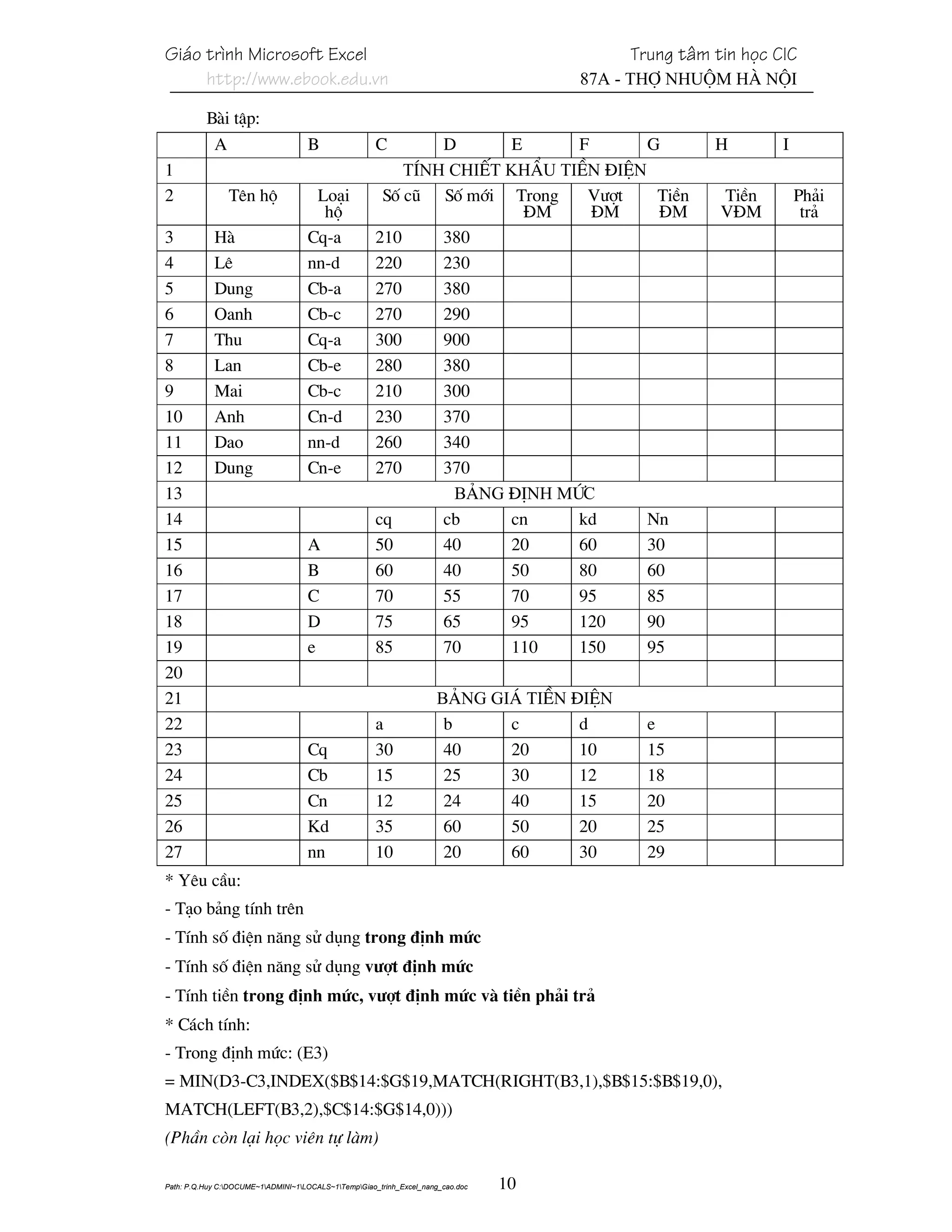 Gi¸o tr×nh Microsoft Excel                                                                 Trung t©m tin häc CIC
     http://www.ebook.edu.vn                                                          87A - Thî Nhuém Hµ Néi

          Bµi tËp:
           A                        B                 C       D       E     F       G                H        I
1                                                         TÝnh chiÕt khÈu tiÒn ®iÖn
2               Tªn hé               Lo¹i              Sè cò Sè míi Trong    V−ît    TiÒn             TiÒn        Ph¶i
                                      hé                                §M    §M     §M               V§M          tr¶
3           Hµ                      Cq-a              210     380
4           Lª                      nn-d              220     230
5           Dung                    Cb-a              270     380
6           Oanh                    Cb-c              270     290
7           Thu                     Cq-a              300     900
8           Lan                     Cb-e              280     380
9           Mai                     Cb-c              210     300
10          Anh                     Cn-d              230     370
11          Dao                     nn-d              260     340
12          Dung                    Cn-e              270     370
13                                                             B¶ng ®Þnh møc
14                                                    cq      cb     cn     kd      Nn
15                                  A                 50      40     20     60      30
16                                  B                 60      40     50     80      60
17                                  C                 70      55     70     95      85
18                                  D                 75      65     95     120     90
19                                  e                 85      70     110    150     95
20
21                                                                    B¶ng gi¸ tiÒn ®iÖn
22                                                    a                b     c       d       e
23                                  Cq                30               40    20      10      15
24                                  Cb                15               25    30      12      18
25                                  Cn                12               24    40      15      20
26                                  Kd                35               60    50      20      25
27                                  nn                10               20    60      30      29
* Yªu cÇu:
- T¹o b¶ng tÝnh trªn
- TÝnh sè ®iÖn n¨ng sö dông trong ®Þnh møc
- TÝnh sè ®iÖn n¨ng sö dông v−ît ®Þnh møc
- TÝnh tiÒn trong ®Þnh møc, v−ît ®Þnh møc vµ tiÒn ph¶i tr¶
* C¸ch tÝnh:
- Trong ®Þnh møc: (E3)
= MIN(D3-C3,INDEX($B$14:$G$19,MATCH(RIGHT(B3,1),$B$15:$B$19,0),
MATCH(LEFT(B3,2),$C$14:$G$14,0)))
(PhÇn cßn l¹i häc viªn tù lµm)

Path: P.Q.Huy C:DOCUME~1ADMINI~1LOCALS~1TempGiao_trinh_Excel_nang_cao.doc   10
 