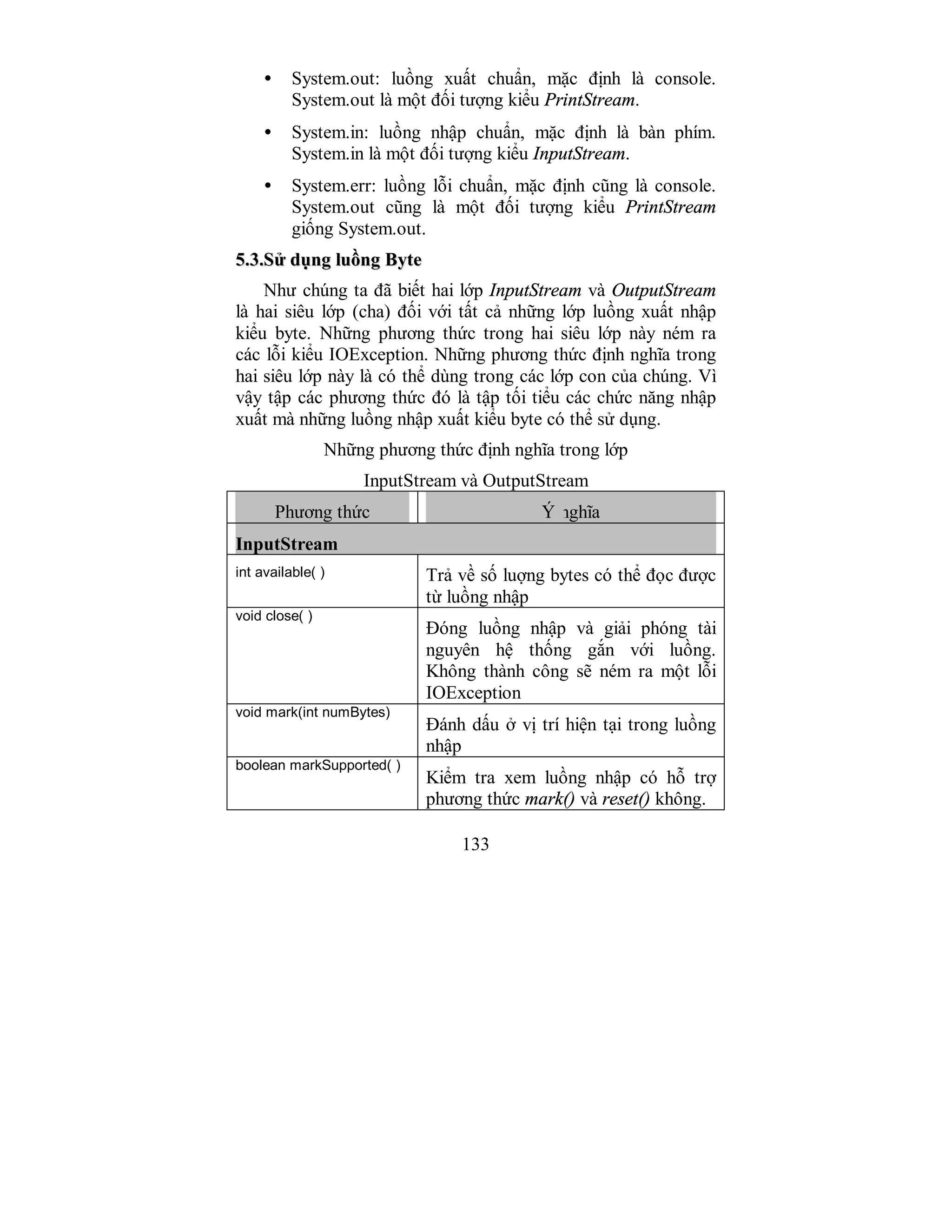 133
• System.out: luồng xuất chuẩn, mặc định là console.
System.out là một đối tượng kiểu PrintStream.
• System.in: luồng nhập chuẩn, mặc định là bàn phím.
System.in là một đối tượng kiểu InputStream.
• System.err: luồng lỗi chuẩn, mặc định cũng là console.
System.out cũng là một đối tượng kiểu PrintStream
giống System.out.
55..33..SSửử ddụụnngg lluuồồnngg BByyttee
Như chúng ta đã biết hai lớp InputStream và OutputStream
là hai siêu lớp (cha) đối với tất cả những lớp luồng xuất nhập
kiểu byte. Những phương thức trong hai siêu lớp này ném ra
các lỗi kiểu IOException. Những phương thức định nghĩa trong
hai siêu lớp này là có thể dùng trong các lớp con của chúng. Vì
vậy tập các phương thức đó là tập tối tiểu các chức năng nhập
xuất mà những luồng nhập xuất kiểu byte có thể sử dụng.
Những phương thức định nghĩa trong lớp
InputStream và OutputStream
Phương thức Ý nghĩa
InputStream
int available( ) Trả về số luợng bytes có thể đọc được
từ luồng nhập
void close( )
Đóng luồng nhập và giải phóng tài
nguyên hệ thống gắn với luồng.
Không thành công sẽ ném ra một lỗi
IOException
void mark(int numBytes)
Đánh dấu ở vị trí hiện tại trong luồng
nhập
boolean markSupported( )
Kiểm tra xem luồng nhập có hỗ trợ
phương thức mark() và reset() không.
 
