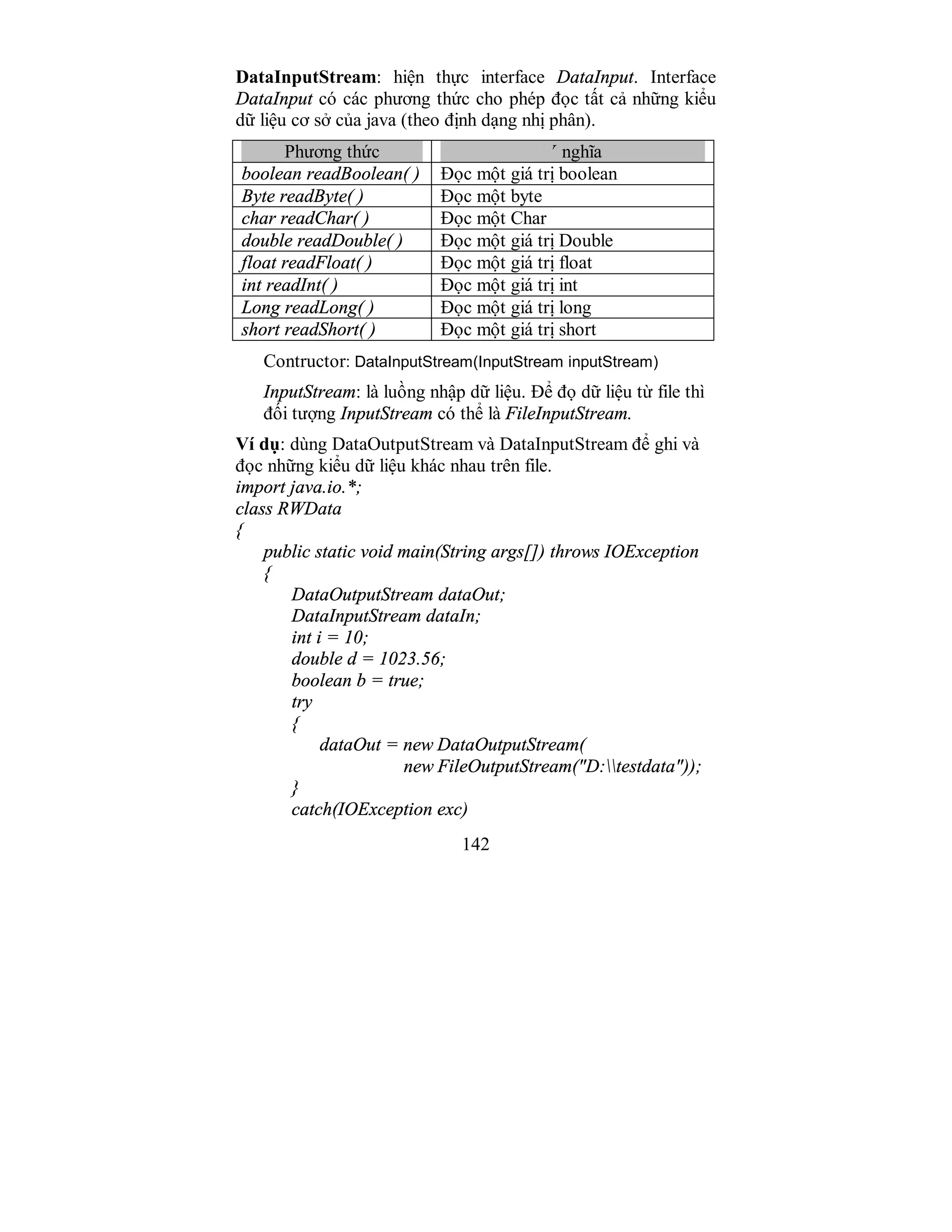 142
DataInputStream: hiện thực interface DataInput. Interface
DataInput có các phương thức cho phép đọc tất cả những kiểu
dữ liệu cơ sở của java (theo định dạng nhị phân).
Phương thức Ý nghĩa
boolean readBoolean( ) Đọc một giá trị boolean
Byte readByte( ) Đọc một byte
char readChar( ) Đọc một Char
double readDouble( ) Đọc một giá trị Double
float readFloat( ) Đọc một giá trị float
int readInt( ) Đọc một giá trị int
Long readLong( ) Đọc một giá trị long
short readShort( ) Đọc một giá trị short
Contructor: DataInputStream(InputStream inputStream)
InputStream: là luồng nhập dữ liệu. Để đọ dữ liệu từ file thì
đối tượng InputStream có thể là FileInputStream.
Ví dụ: dùng DataOutputStream và DataInputStream để ghi và
đọc những kiểu dữ liệu khác nhau trên file.
import java.io.*;
class RWData
{
public static void main(String args[]) throws IOException
{
DataOutputStream dataOut;
DataInputStream dataIn;
int i = 10;
double d = 1023.56;
boolean b = true;
try
{
dataOut = new DataOutputStream(
new FileOutputStream("D:testdata"));
}
catch(IOException exc)
 