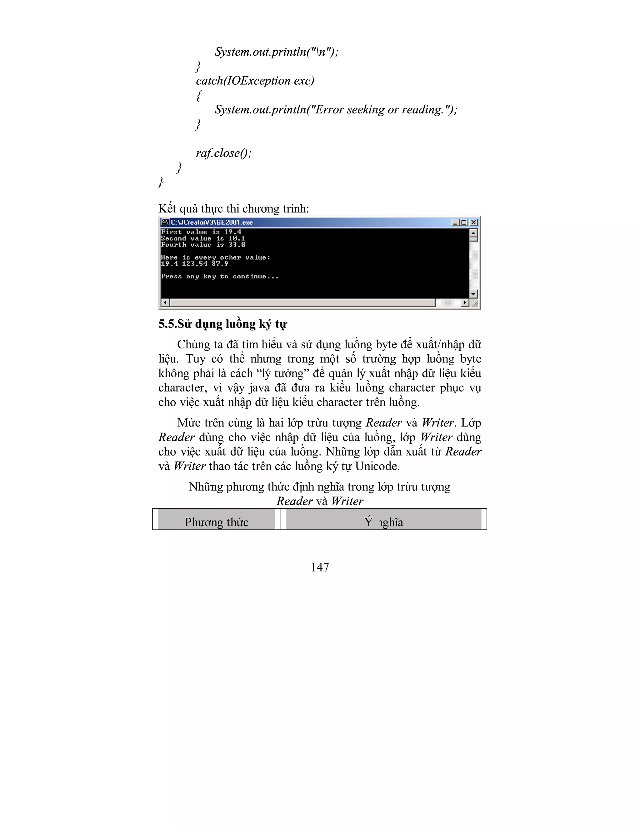 147
System.out.println("n");
}
catch(IOException exc)
{
System.out.println("Error seeking or reading.");
}
raf.close();
}
}
Kết quả thực thi chương trình:
55..55..SSửử ddụụnngg lluuồồnngg kkýý ttựự
Chúng ta đã tìm hiểu và sử dụng luồng byte để xuất/nhập dữ
liệu. Tuy có thể nhưng trong một số trường hợp luồng byte
không phải là cách “lý tưởng” để quản lý xuất nhập dữ liệu kiểu
character, vì vậy java đã đưa ra kiểu luồng character phục vụ
cho việc xuất nhập dữ liệu kiểu character trên luồng.
Mức trên cùng là hai lớp trừu tượng Reader và Writer. Lớp
Reader dùng cho việc nhập dữ liệu của luồng, lớp Writer dùng
cho việc xuất dữ liệu của luồng. Những lớp dẫn xuất từ Reader
và Writer thao tác trên các luồng ký tự Unicode.
Những phương thức định nghĩa trong lớp trừu tượng
Reader và Writer
Phương thức Ý nghĩa
 
