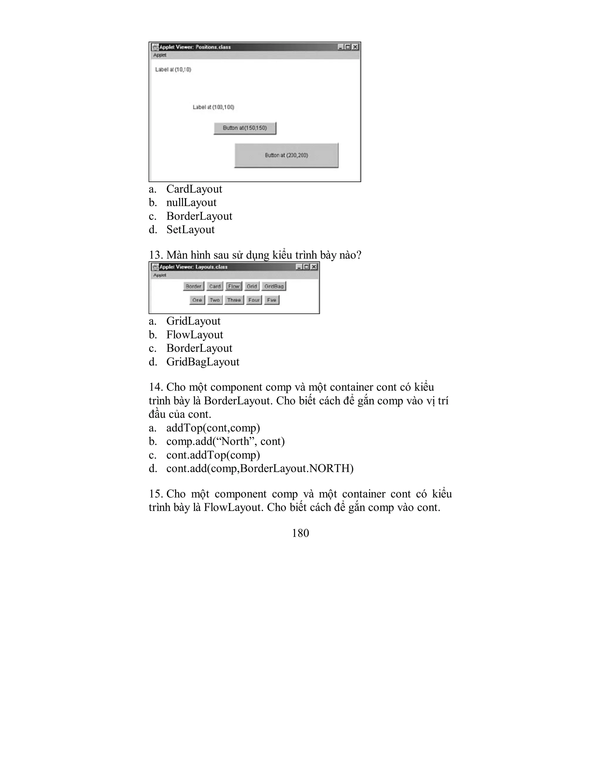 180
a. CardLayout
b. nullLayout
c. BorderLayout
d. SetLayout
13. Màn hình sau sử dụng kiểu trình bày nào?
a. GridLayout
b. FlowLayout
c. BorderLayout
d. GridBagLayout
14. Cho một component comp và một container cont có kiểu
trình bày là BorderLayout. Cho biết cách để gắn comp vào vị trí
đầu của cont.
a. addTop(cont,comp)
b. comp.add(“North”, cont)
c. cont.addTop(comp)
d. cont.add(comp,BorderLayout.NORTH)
15. Cho một component comp và một container cont có kiểu
trình bày là FlowLayout. Cho biết cách để gắn comp vào cont.
 