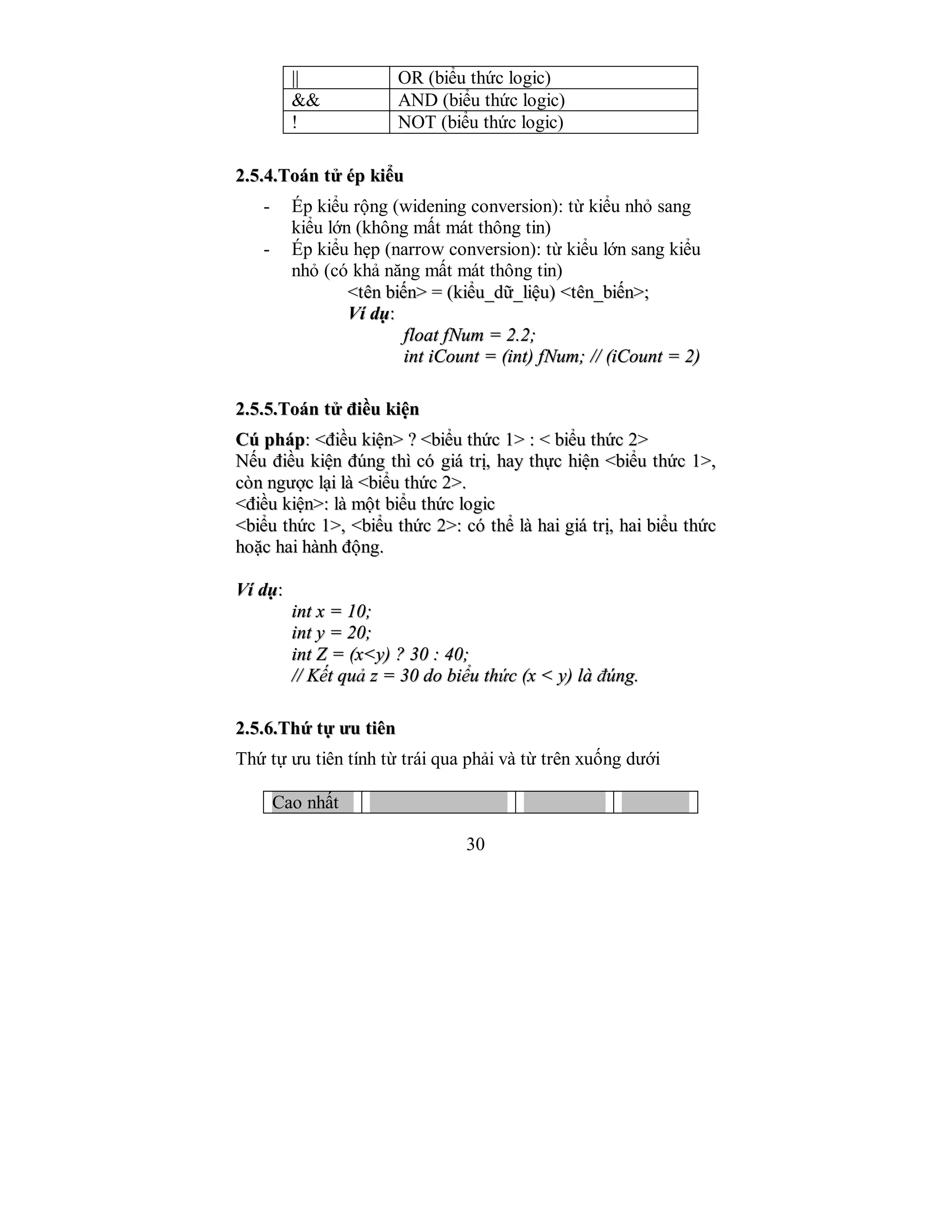 30
|| OR (biểu thức logic)
&& AND (biểu thức logic)
! NOT (biểu thức logic)
22..55..44..TTooáánn ttửử éépp kkiiểểuu
- Ép kiểu rộng (widening conversion): từ kiểu nhỏ sang
kiểu lớn (không mất mát thông tin)
- Ép kiểu hẹp (narrow conversion): từ kiểu lớn sang kiểu
nhỏ (có khả năng mất mát thông tin)
<<ttêênn bbiiếếnn>> == ((kkiiểểuu__ddữữ__lliiệệuu)) <<ttêênn__bbiiếếnn>>;;
VVíí ddụụ::
ffllooaatt ffNNuumm == 22..22;;
iinntt iiCCoouunntt == ((iinntt)) ffNNuumm;; //// ((iiCCoouunntt == 22))
22..55..55..TTooáánn ttửử đđiiềềuu kkiiệệnn
CCúú pphháápp:: <<đđiiềềuu kkiiệệnn>> ?? <<bbiiểểuu tthhứứcc 11>> :: << bbiiểểuu tthhứứcc 22>>
NNếếuu đđiiềềuu kkiiệệnn đđúúnngg tthhìì ccóó ggiiáá ttrrịị,, hhaayy tthhựựcc hhiiệệnn <<bbiiểểuu tthhứứcc 11>>,,
ccòònn nnggưượợcc llạạii llàà <<bbiiểểuu tthhứứcc 22>>..
<<đđiiềềuu kkiiệệnn>>:: llàà mmộộtt bbiiểểuu tthhứứcc llooggiicc
<<bbiiểểuu tthhứứcc 11>>,, <<bbiiểểuu tthhứứcc 22>>:: ccóó tthhểể llàà hhaaii ggiiáá ttrrịị,, hhaaii bbiiểểuu tthhứứcc
hhooặặcc hhaaii hhàànnhh đđộộnngg..
VVíí ddụụ::
iinntt xx == 1100;;
iinntt yy == 2200;;
iinntt ZZ == ((xx<<yy)) ?? 3300 :: 4400;;
//// KKếếtt qquuảả zz == 3300 ddoo bbiiểểuu tthhứứcc ((xx << yy)) llàà đđúúnngg..
22..55..66..TThhứứ ttựự ưưuu ttiiêênn
Thứ tự ưu tiên tính từ trái qua phải và từ trên xuống dưới
Cao nhất
 