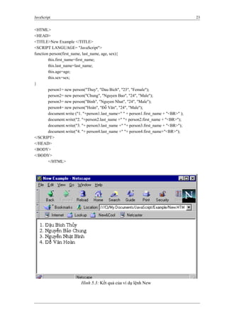 JavaScript 23
<HTML>
<HEAD>
<TITLE>New Example </TITLE>
<SCRIPT LANGUAGE= "JavaScript">
function person(first_name, last_name, age, sex){
this.first_name=first_name;
this.last_name=last_name;
this.age=age;
this.sex=sex;
}
person1= new person("Thuy", "Dau Bich", "23", "Female");
person2= new person("Chung", "Nguyen Bao", "24", "Male");
person3= new person("Binh", "Nguyen Nhat", "24", "Male");
person4= new person("Hoàn", "Đỗ Văn", "24", "Male");
document.write ("1. "+person1.last_name+" " + person1.first_name + "<BR>" );
document.write("2. "+person2.last_name +" "+ person2.first_name + "<BR>");
document.write("3. "+ person3.last_name +" "+ person3.first_name + "<BR>");
document.write("4. "+ person4.last_name +" "+ person4.first_name+"<BR>");
</SCRIPT>
</HEAD>
<BODY>
</BODY>
</HTML>
Hình 5.3: Kết quả của ví dụ lệnh New
 