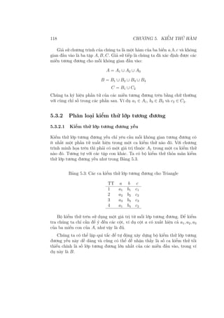 118 CHƯƠNG 5. KIỂM THỬ HÀM
Giả sử chương trình của chúng ta là một hàm của ba biến a, b, c và không
gian đầu vào là ba tập A, B, C. Giả sử tiếp là chúng ta đã xác định được các
miền tương đương cho mỗi không gian đầu vào:
A = A1 ∪ A2 ∪ A3
B = B1 ∪ B2 ∪ B3 ∪ B4
C = B1 ∪ C2
Chúng ta ký hiệu phần tử của các miền tương đương trên bằng chữ thường
với cùng chỉ số trong các phần sau. Ví dụ a1 ∈ A1, b3 ∈ B3 và c2 ∈ C2.
5.3.2 Phân loại kiểm thử lớp tương đương
5.3.2.1 Kiểm thử lớp tương đương yếu
Kiểm thử lớp tương đương yếu chỉ yêu cầu mỗi không gian tương đương có
ít nhất một phần tử xuất hiện trong một ca kiểm thử nào đó. Với chương
trình minh họa trên thì phải có một giá trị thuộc A1 trong một ca kiểm thử
nào đó. Tương tự với các tập con khác. Ta có bộ kiểm thử thỏa mãn kiểm
thử lớp tương đương yếu như trong Bảng 5.3.
Bảng 5.3: Các ca kiểm thử lớp tương đương cho Triangle
TT a b c
1 a1 b1 c1
2 a2 b2 c2
3 a3 b3 c3
4 a1 b4 c2
Bộ kiểm thử trên sử dụng một giá trị từ mỗi lớp tương đương. Để kiểm
tra chúng ta chỉ cần để ý đến các cột, ví dụ cột a có xuất hiện cả a1, a2, a3
của ba miền con của A, như vậy là đủ.
Chúng ta có thể lập qui tắc để tự động xây dựng bộ kiểm thử lớp tương
đương yếu này dễ dàng và cũng có thể dễ nhận thấy là số ca kiểm thử tối
thiểu chính là số lớp tương đương lớn nhất của các miền đầu vào, trong ví
dụ này là B.
 