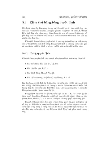 126 CHƯƠNG 5. KIỂM THỬ HÀM
5.4 Kiểm thử bằng bảng quyết định
Kỹ thuật kiểm thử lớp tương đương và kiểm thử giá trị biên thích hợp cho
các hàm có các biến đầu vào không có quan hệ ràng buộc với nhau. Kỹ thuật
kiểm thử dựa trên bảng quyết định chúng ta xem xét trong chương này sẽ
phù hợp cho các hàm có các hành vi khác nhau dựa trên tính chất của bộ
giá trị của đầu vào.
Kiểm thử dựa trên bảng quyết định là phương pháp chính xác nhất trong
các kỹ thuật kiểm thử chức năng. Bảng quyết định là phương pháp hiệu quả
để mô tả các sự kiện, hành vi sẽ xảy ra khi một số điều kiện thỏa mãn.
5.4.1 Bảng quyết định
Cấu trúc bảng quyết định chia thành bốn phần chính như trong Hình 5.9:
• Các biểu thức điều kiện C1, C2, C3.
• Giá trị điều kiện T, F, –.
• Các hành động A1, A2, A3, A4.
• Giá trị hành động, có (xảy ra) hay không, X là có.
Khi lập bảng quyết định ta thường tìm các điều kiện có thể xảy ra, để xét
các tổ hợp của chúng mà từ đó chúng ta sẽ xác định được các ca kiểm thử
tương ứng cho các điều kiện được thỏa mãn. Các hành động xảy ra chính là
kết quả mong đợi của ca kiểm thử đó.
Bảng quyết định với các giá trị điều kiện chỉ là T, F, và – được gọi là
bảng quyết định lôgic. Chúng ta có thể mở rộng các giá trị này bằng các tập
giá trị khác, ví dụ 1, 2, 3, 4, khi đó chúng ta có bảng quyết định tổng quát.
Bảng 5.10 là một ví dụ đơn giản về một bảng quyết định để khắc phục sự
cố máy in. Khi máy in có sự cố, chúng ta sẽ xem xét tình trạng dựa trên các
điều kiện trong bảng là đúng hay sai, từ đó xác định được cột duy nhất có
các điều kiện thỏa mãn, và thực hiện các hành động khắc phục sự cố tương
ứng.
 