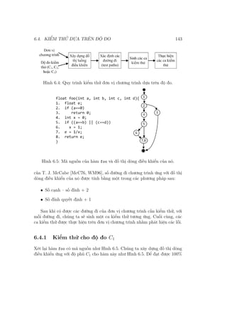 6.4. KIỂM THỬ DỰA TRÊN ĐỘ ĐO 143
Hình 6.4: Quy trình kiểm thử đơn vị chương trình dựa trên độ đo.
Hình 6.5: Mã nguồn của hàm foo và đồ thị dòng điều khiển của nó.
của T. J. McCabe [McC76, WM96], số đường đi chương trình ứng với đồ thị
dòng điều khiển của nó được tính bằng một trong các phương pháp sau:
• Số cạnh – số đỉnh + 2
• Số đỉnh quyết định + 1
Sau khi có được các đường đi của đơn vị chương trình cần kiểm thử, với
mỗi đường đi, chúng ta sẽ sinh một ca kiểm thử tương ứng. Cuối cùng, các
ca kiểm thử được thực hiện trên đơn vị chương trình nhằm phát hiện các lỗi.
6.4.1 Kiểm thử cho độ đo C1
Xét lại hàm foo có mã nguồn như Hình 6.5. Chúng ta xây dựng đồ thị dòng
điều khiển ứng với độ phủ C1 cho hàm này như Hình 6.5. Để đạt được 100%
 