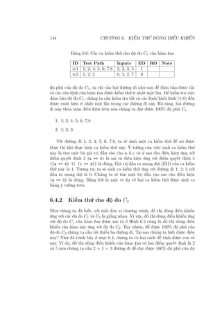 144 CHƯƠNG 6. KIỂM THỬ DÒNG ĐIỀU KHIỂN
Bảng 6.6: Các ca kiểm thử cho độ đo C1 của hàm foo
ID Test Path Inputs EO RO Note
tc1 1; 2; 4; 5; 6; 7,8 2, 2, 3, 5 1
tc2 1; 2; 3 0, 3, 2, 7 0
độ phủ của độ đo C1, ta chỉ cần hai đường đi như sau để đảm bảo được tất
cả các câu lệnh của hàm foo được kiểm thử ít nhất một lần. Để kiểm tra việc
đảm bảo độ đo C1, chúng ta cần kiểm tra tất cả các lệnh/khối lệnh (1-8) đều
được xuất hiện ít nhất một lần trong các đường đi này. Rõ ràng, hai đường
đi này thỏa mãn điều kiện trên nên chúng ta đạt được 100% độ phủ C1.
1. 1; 2; 4; 5; 6; 7,8
2. 1; 2; 3
Với đường đi 1; 2; 4; 5; 6; 7,8, ta sẽ sinh một ca kiểm thử để nó được
thực thi khi thực hiện ca kiểm thử này. Ý tưởng của việc sinh ca kiểm thử
này là tìm một bộ giá trị đầu vào cho a, b, c và d sao cho điều kiện ứng với
điểm quyết định 2 (a == 0) là sai và điều kiện ứng với điểm quyết định 5
((a == b) || (c == d)) là đúng. Giá trị đầu ra mong đợi (EO) của ca kiểm
thử này là 1. Tương tự, ta sẽ sinh ca kiểm thử ứng với đường đi 1; 2; 3 với
đầu ra mong đợi là 0. Chúng ta sẽ tìm một bộ đầu vào sao cho điều kiện
(a == 0) là đúng. Bảng 6.6 là một ví dụ về hai ca kiểm thử được sinh ra
bằng ý tưởng trên.
6.4.2 Kiểm thử cho độ đo C2
Như chúng ta đã biết, với mỗi đơn vị chương trình, đồ thị dòng điều khiển
ứng với các độ đo C1 và C2 là giống nhau. Vì vậy, đồ thị dòng điều khiển ứng
với độ đo C1 của hàm foo được mô tả ở Hình 6.5 cũng là đồ thị dòng điều
khiển của hàm này ứng với độ đo C2. Tuy nhiên, để được 100% độ phủ của
độ đo C2 chúng ta cần tối thiểu ba đường đi. Tại sao chúng ta biết được điều
này? Như đã trình bày ở mục 6.4, chúng ta có hai cách để tính được con số
này. Ví dụ, đồ thị dòng điều khiển của hàm foo có hai điểm quyết định là 2
và 5 nên chúng ta cần 2 + 1 = 3 đường đi để đạt được 100% độ phủ của độ
 