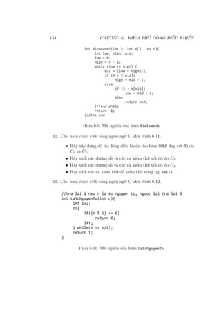 154 CHƯƠNG 6. KIỂM THỬ DÒNG ĐIỀU KHIỂN
Hình 6.9: Mã nguồn của hàm BinSearch.
12. Cho hàm được viết bằng ngôn ngữ C như Hình 6.11.
• Hãy xây dựng đồ thị dòng điều khiển cho hàm UCLN ứng với độ đo
C1 và C2.
• Hãy sinh các đường đi và các ca kiểm thử với độ đo C1.
• Hãy sinh các đường đi và các ca kiểm thử với độ đo C2.
• Hãy sinh các ca kiểm thử để kiểm thử vòng lặp while.
13. Cho hàm được viết bằng ngôn ngữ C như Hình 6.12.
Hình 6.10: Mã nguồn của hàm LaSoNguyenTo.
 