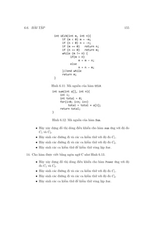 6.6. BÀI TẬP 155
Hình 6.11: Mã nguồn của hàm UCLN.
Hình 6.12: Mã nguồn của hàm Sum.
• Hãy xây dựng đồ thị dòng điều khiển cho hàm sum ứng với độ đo
C1 và C2.
• Hãy sinh các đường đi và các ca kiểm thử với độ đo C1.
• Hãy sinh các đường đi và các ca kiểm thử với độ đo C2.
• Hãy sinh các ca kiểm thử để kiểm thử vòng lặp for.
14. Cho hàm được viết bằng ngôn ngữ C như Hình 6.13.
• Hãy xây dựng đồ thị dòng điều khiển cho hàm Power ứng với độ
đo C1 và C2.
• Hãy sinh các đường đi và các ca kiểm thử với độ đo C1.
• Hãy sinh các đường đi và các ca kiểm thử với độ đo C2.
• Hãy sinh các ca kiểm thử để kiểm thử vòng lặp for.
 