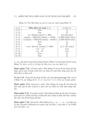 7.1. KIỂM THỬ DỰA TRÊN GÁN VÀ SỬ DỤNG GIÁ TRỊ BIẾN 171
Bảng 7.2: Các điều kiện và p-use() của các cạnh trong Hình 7.6
(i, j) Điều kiện tại cạnh (i, j) p-use(i, j)
(1, 2) True {}
(2, 3) True {}
(3, 4) (ti<AS)&&(value[i] != -999) {i,ti,AS,value}
(4, 5) (value[i]>=MIN)&&(value[i]<= MAX) {i,MIN,MAX,value}
(4, 6) ∼((value[i]>=MIN)&&(value[i]<=MAX)) {i,MIN,MAX,value}
(5, 6) True {}
(6, 3) True {}
(3, 7) ∼((ti<AS) && (value[i] != -999)) {i, ti, AS, value}
(7, 8) ∼(tv > 0) {tv}
(7, 9) (tv > 0) {tv}
(8, 10) True {}
(9, 10) True {}
p−use xuất hiện trong đồ thị dòng dữ liệu ở Hình 7.6 cũng được liệt kê trong
Bảng 7.2, với p−use(i, j) là tập các biến có p−use tại cạnh (i, j).
Định nghĩa 7.12. (Simple path.) Một đường đi trong đồ thị dòng dữ liệu
được gọi là một Simple path nếu các đỉnh chỉ xuất hiện đúng một lần trừ
đỉnh đầu và đỉnh cuối.
Ví dụ 7.13. Trong đồ thị dòng dữ liệu của hàm ReturnAverage được mô tả
ở Hình 7.6, các đường đi (2 - 3 - 4 - 5) và (3 - 4 - 6 - 3) là các Simple paths.
Định nghĩa 7.14. (Loop-free path.) Một đường đi trong đồ thị dòng dữ
liệu được gọi là một Loop-free path nếu các đỉnh chỉ xuất hiện đúng một
lần.
Định nghĩa 7.15. (Complete-path.) Một đường đi được gọi là một Complete-
path nếu nó có điểm bắt đầu và điểm kết thúc chính là điểm bắt đầu và điểm
kết thúc của đồ thị dòng dữ liệu.
Định nghĩa 7.16. (Du-path.) Một đường đi (n1 - n2 - ... - nj - nk) được gọi
là một Du-path (definition-use path) ứng với biến x nếu đỉnh n1 là Global
def của biến x và:
 