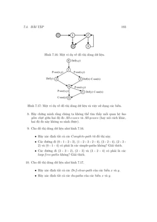 7.4. BÀI TẬP 193
Hình 7.16: Một ví dụ về đồ thị dòng dữ liệu.
Hình 7.17: Một ví dụ về đồ thị dòng dữ liệu và việc sử dụng các biến.
8. Hãy chứng minh rằng chúng ta không thể tìm thấy mối quan hệ bao
gồm chặt giữa hai độ đo All-c-uses và All-p-uses (hay nói cách khác,
hai độ đo này không so sánh được).
9. Cho đồ thị dòng dữ liệu như hình 7.16.
• Hãy xác định tất cả các Complete-path từ đồ thị này.
• Các đường đi (0 - 1 - 2 - 3), (1 - 2 - 3 - 2 - 4), (3 - 2 - 4), (2 - 3 -
2) và (0 - 1 - 4) có phải là các simple-paths không? Giải thích.
• Các đường đi (2 - 3 - 2), (2 - 3) và (3 - 2 - 4) có phải là các
loop-free-paths không? Giải thích.
10. Cho đồ thị dòng dữ liệu như hình 7.17.
• Hãy xác định tất cả các Def-clear-path của các biến x và y.
• Hãy xác định tất cả các du-paths của các biến x và y.
 