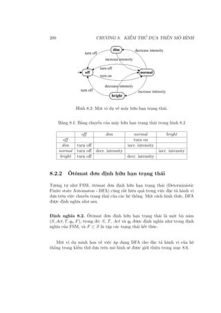 200 CHƯƠNG 8. KIỂM THỬ DỰA TRÊN MÔ HÌNH
Hình 8.2: Một ví dụ về máy hữu hạn trạng thái.
Bảng 8.1: Bảng chuyển của máy hữu hạn trạng thái trong hình 8.2
off dim normal bright
off turn on
dim turn off incr. intensity
normal turn off decr. intensity incr. intensity
bright turn off decr. intensity
8.2.2 Ôtômat đơn định hữu hạn trạng thái
Tương tự như FSM, ôtômat đơn định hữu hạn trạng thái (Deterministic
Finite state Automaton - DFA) cũng rất hiệu quả trong việc đặc tả hành vi
dựa trên việc chuyển trạng thái của các hệ thống. Một cách hình thức, DFA
được định nghĩa như sau.
Định nghĩa 8.2. Ôtômat đơn định hữu hạn trạng thái là một bộ năm
(S, Act, T, q0, F), trong đó: S, T, Act và q0 được định nghĩa như trong định
nghĩa của FSM, và F ⊂ S là tập các trạng thái kết thúc.
Một ví dụ minh họa về việc áp dụng DFA cho đặc tả hành vi của hệ
thống trong kiểm thử dựa trên mô hình sẽ được giới thiệu trong mục 8.6.
 