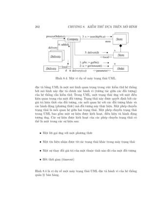 202 CHƯƠNG 8. KIỂM THỬ DỰA TRÊN MÔ HÌNH
Hình 8.4: Một ví dụ về máy trạng thái UML.
đặc tả bằng UML là một mô hình quan trọng trong việc kiểm thử hệ thống
bởi mô hình này đặc tả chính xác hành vi (tương tác giữa các đối tượng)
của hệ thống cần kiểm thử. Trong UML, một trạng thái ứng với một điều
kiện quan trọng của một đối tượng. Trạng thái này được quyết định bởi các
giá trị hiện thời của đối tượng, các mối quan hệ với các đối tượng khác và
các hành động (phương thức) mà đối tượng này thực hiện. Một phép chuyển
trạng thái là mối quan hệ giữa hai trạng thái. Một phép chuyển trạng thái
trong UML bao gồm một sự kiện được kích hoạt, điều kiện và hành động
tương ứng. Các sự kiện được kích hoạt của các phép chuyển trạng thái có
thể là một trong các sự kiện sau:
• Một lời gọi ứng với một phương thức
• Một tín hiệu nhận được từ các trạng thái khác trong máy trạng thái
• Một sự thay đổi giá trị của một thuộc tính nào đó của một đối tượng
• Hết thời gian (timeout)
Hình 8.4 là ví dụ về một máy trạng thái UML đặc tả hành vi của hệ thống
quản lý bán hàng.
 