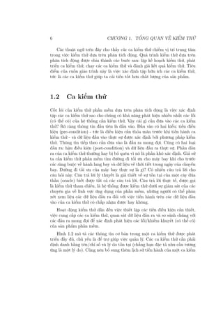 6 CHƯƠNG 1. TỔNG QUAN VỀ KIỂM THỬ
Các thuật ngữ trên đây cho thấy các ca kiểm thử chiếm vị trí trung tâm
trong việc kiểm thử dựa trên phân tích động. Quá trình kiểm thử dựa trên
phân tích động được chia thành các buớc sau: lập kế hoạch kiểm thử, phát
triển ca kiểm thử, chạy các ca kiểm thử và đánh giá kết quả kiểm thử. Tiêu
điểm của cuốn giáo trình này là việc xác định tập hữu ích các ca kiểm thử,
tức là các ca kiểm thứ giúp ta cải tiến tốt hơn chất lượng của sản phẩm.
1.2 Ca kiểm thử
Cốt lõi của kiểm thử phần mềm dựa trên phân tích động là việc xác định
tập các ca kiểm thử sao cho chúng có khả năng phát hiện nhiều nhất các lỗi
(có thể có) của hệ thống cần kiểm thử. Vậy cái gì cần đưa vào các ca kiểm
thử? Rõ ràng thông tin đầu tiên là đầu vào. Đầu vào có hai kiểu: tiền điều
kiện (pre-condition) - tức là điều kiện cần thỏa mãn trước khi tiến hành ca
kiểm thử - và dữ liệu đầu vào thực sự được xác định bởi phương pháp kiểm
thử. Thông tin tiếp theo cần đưa vào là đầu ra mong đợi. Cũng có hai loại
đầu ra: hậu điều kiện (post-condition) và dữ liệu đầu ra thực sự. Phần đầu
ra của ca kiểm thử thường hay bị bỏ quên vì nó là phần khó xác định. Giả sử
ta cần kiểm thử phần mềm tìm đường đi tối ưu cho máy bay khi cho trước
các ràng buộc về hành lang bay và dữ liệu về thời tiết trong ngày của chuyến
bay. Đường đi tối ưu của máy bay thực sự là gì? Có nhiều câu trả lời cho
câu hỏi này. Câu trả lời lý thuyết là giả thiết về sự tồn tại của một cây đũa
thần (oracle) biết được tất cả các câu trả lời. Câu trả lời thực tế, được gọi
là kiểm thử tham chiếu, là hệ thống được kiểm thử dưới sự giám sát của các
chuyên gia về lĩnh vực ứng dụng của phần mềm, những người có thể phán
xét xem liệu các dữ liệu đầu ra đối với việc tiến hành trên các dữ liệu đầu
vào của ca kiểm thử có chấp nhận được hay không.
Hoạt động kiểm thử dẫn đến việc thiết lập các tiền điều kiện cần thiết,
việc cung cấp các ca kiểm thử, quan sát dữ liệu đầu ra và so sánh chúng với
các đầu ra mong đợi để xác định phát hiện các lỗi/khiếm khuyết (có thể có)
của sản phẩm phần mềm.
Hình 1.2 mô tả các thông tin cơ bản trong một ca kiểm thử được phát
triển đầy đủ, chủ yếu là để trợ giúp việc quản lý. Các ca kiểm thử cần phải
định danh bằng tên/chỉ số và lý do tồn tại (chẳng hạn đặc tả nhu cầu tương
ứng là một lý do). Cũng nên bổ sung thêm lịch sử tiến hành của một ca kiểm
 