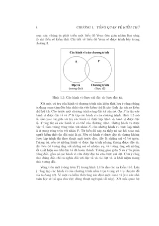 8 CHƯƠNG 1. TỔNG QUAN VỀ KIỂM THỬ
mục này, chúng ta phát triển một biểu đồ Venn đơn giản nhằm làm sáng
tỏ vài điều về kiểm thử. Chi tiết về biểu đồ Venn sẽ được trình bày trong
chương 3.
Hình 1.3: Các hành vi được cài đặt và được đặc tả.
Xét một vũ trụ của hành vi chương trình cần kiểm thử, lưu ý rằng chúng
ta đang quan tâm đến bản chất của việc kiểm thử là xác định tập các ca kiểm
thử hữ ích. Cho trước một chương trình cùng đặc tả của nó. Gọi S là tập các
hành vi được đặc tả và P là tập các hành vi của chương trình. Hình 1.3 mô
tả mối quan hệ giữa vũ trụ các hành vi được lập trình và hành vi được đặc
tả. Trong tất cả các hành vi có thể của chương trình, những hành vi được
đặc tả nằm trong vòng tròn với nhãn S, còn những hành vi được lập trình
là ở trong vòng tròn với nhãn P. Từ biểu đồ này, ta thấy rõ các bài toán mà
người kiểm thử cần đối mặt là gì. Nếu có hành vi được đặc tả nhưng không
được lập trình thì theo thuật ngữ trước đây, đấy là những sai về bỏ quên.
Tương tự, nếu có những hành vi được lập trình nhưng không được đặc tả,
thì điều đó tương ứng với những sai về nhiệm vụ, và tương ứng với những
lỗi xuất hiện sau khi đặc tả đã hoàn thành. Tương giao giữa S và P là phần
đúng đắn, gồm có các hành vi vừa được đặc tả vừa được cài đặt. Chú ý rằng
tính đúng đắn chỉ có nghĩa đối với đặc tả và cài đặt và là khái niệm mang
tính tương đối.
Vòng tròn mới (vòng tròn T) trong hình 1.4 là cho các ca kiểm thử. Lưu
ý rằng tập các hành vi của chương trình nằm trọn trong vũ trụ chuyên đề
mà ta đang xét. Vì một ca kiểm thử cũng xác định một hành vi (xin các nhà
toán học sẽ bỏ qua cho việc dùng thuật ngữ quá tải này). Xét mối quan hệ
 