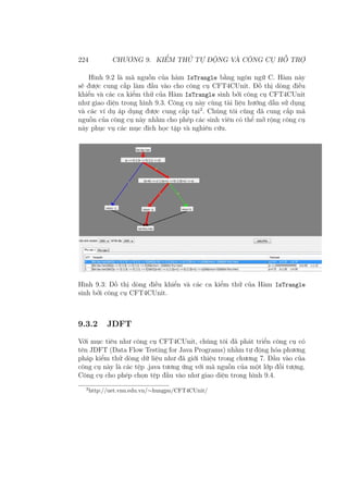 224 CHƯƠNG 9. KIỂM THỬ TỰ ĐỘNG VÀ CÔNG CỤ HỖ TRỢ
Hình 9.2 là mã nguồn của hàm IsTrangle bằng ngôn ngữ C. Hàm này
sẽ được cung cấp làm đầu vào cho công cụ CFT4CUnit. Đồ thị dòng điều
khiển và các ca kiểm thử của Hàm IsTrangle sinh bởi công cụ CFT4CUnit
như giao diện trong hình 9.3. Công cụ này cùng tài liệu hướng dẫn sử dụng
và các ví dụ áp dụng được cung cấp tại2
. Chúng tôi cũng đã cung cấp mã
nguồn của công cụ này nhằm cho phép các sinh viên có thể mở rộng công cụ
này phục vụ các mục đích học tập và nghiên cứu.
Hình 9.3: Đồ thị dòng điều khiển và các ca kiểm thử của Hàm IsTrangle
sinh bởi công cụ CFT4CUnit.
9.3.2 JDFT
Với mục tiêu như công cụ CFT4CUnit, chúng tôi đã phát triển công cụ có
tên JDFT (Data Flow Testing for Java Programs) nhằm tự động hóa phương
pháp kiểm thử dòng dữ liệu như đã giới thiệu trong chương 7. Đầu vào của
công cụ này là các tệp .java tương ứng với mã nguồn của một lớp đối tượng.
Công cụ cho phép chọn tệp đầu vào như giao diện trong hình 9.4.
2
http://uet.vnu.edu.vn/∼hungpn/CFT4CUnit/
 