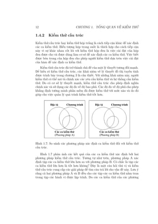 12 CHƯƠNG 1. TỔNG QUAN VỀ KIỂM THỬ
1.4.2 Kiểm thử cấu trúc
Kiểm thử cấu trúc hay kiểm thử hộp trắng là cách tiếp cận khác để xác định
các ca kiểm thử. Biểu tượng hộp trong suốt là thích hợp cho cách tiếp cận
này vì sự khác nhau cốt lõi với kiểm thử hộp đen là việc cài đặt của hộp
đen được cho và được dùng làm cơ sở để xác định các ca kiểm thử. Việc biết
được bên trong của hộp đen cho phép người kiểm thử dựa trên việc cài đặt
của hàm để xác định ca kiểm thử.
Kiểm thử cấu trúc đã trở thành chủ đề của một lý thuyết tương đối mạnh.
Để hiểu rõ kiểm thử cấu trúc, các khái niệm về lý thuyết đồ thị tuyến tính
được trình bày trong chương 3 là cần thiết. Với những khái niệm này, người
kiểm thử có thể mô tả chính xác các yêu cầu kiểm thử và hệ thống cần kiểm
thử. Do có cơ sở lý thuyết mạnh, kiểm thử cấu trúc cho phép định nghĩa
chính xác và sử dụng các độ đo về độ bao phủ. Các độ đo về độ phủ cho phép
khẳng định tường minh phần mềm đã được kiểm thử tới mức nào và do đó
giúp cho việc quản lý quá trình kiểm thử tốt hơn.
Hình 1.7: So sánh các phương pháp xác định ca kiểm thử đối với kiểm thử
cấu trúc.
Hình 1.7 phản ánh các kết quả của các ca kiểm thử xác định bởi hai
phương pháp kiểm thử cấu trúc. Tương tự như trên, phương pháp A xác
định tập các ca kiểm thử lớn hơn so với phương pháp B. Có chắc là tập các
ca kiểm thử lớn hơn là tốt hơn không? Đây là một câu hỏi thú vị và kiểm
thử cấu trúc cung cấp các giải pháp để tìm câu trả lời cho vấn đề này. Lưu ý
rằng cả hai phương pháp A và B đều cho các tập các ca kiểm thử nằm trọn
trong tập các hành vi được lập trình. Do các ca kiểm thử của các phương
 