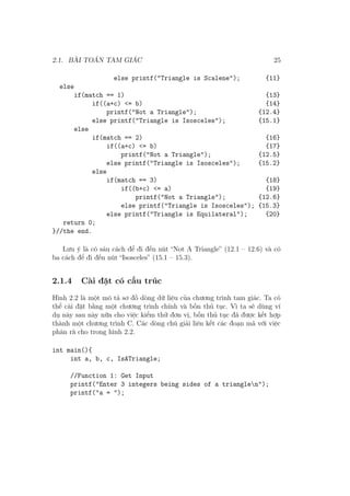 2.1. BÀI TOÁN TAM GIÁC 25
else printf("Triangle is Scalene"); {11}
else
if(match == 1) {13}
if((a+c) <= b) {14}
printf("Not a Triangle"); {12.4}
else printf("Triangle is Isosceles"); {15.1}
else
if(match == 2) {16}
if((a+c) <= b) {17}
printf("Not a Triangle"); {12.5}
else printf("Triangle is Isosceles"); {15.2}
else
if(match == 3) {18}
if((b+c) <= a) {19}
printf("Not a Triangle"); {12.6}
else printf("Triangle is Isosceles"); {15.3}
else printf("Triangle is Equilateral"); {20}
return 0;
}//the end.
Lưu ý là có sáu cách để đi đến nút “Not A Triangle” (12.1 – 12.6) và có
ba cách để đi đến nút “Isosceles” (15.1 – 15.3).
2.1.4 Cài đặt có cấu trúc
Hình 2.2 là một mô tả sơ đồ dòng dữ liệu của chương trình tam giác. Ta có
thể cài đặt bằng một chương trình chính và bốn thủ tục. Vì ta sẽ dùng ví
dụ này sau này nữa cho việc kiểm thử đơn vị, bốn thủ tục đã được kết hợp
thành một chương trình C. Các dòng chú giải liên kết các đoạn mã với việc
phân rã cho trong hình 2.2.
int main(){
int a, b, c, IsATriangle;
//Function 1: Get Input
printf("Enter 3 integers being sides of a trianglen");
printf("a = ");
 