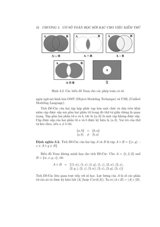 42 CHƯƠNG 3. CƠ SỞ TOÁN HỌC RỜI RẠC CHO VIỆC KIỂM THỬ
Hình 3.2: Các biểu đồ Venn cho các phép toán cơ sở.
ngôn ngữ mô hình hóa OMT (Object-Modeling Technique) và UML (Unified
Modeling Language).
Tích Đề-Các của hai tập hợp phức tạp hơn một chút và dựa trên khái
niệm cặp được sắp mà gồm hai phần tử trong đó thứ tự giữa chúng là quan
trọng. Tập gồm hai phần tử a và b, tức là {a, b} là một cặp không được sắp.
Cặp được sắp của hai phần tử a và b được ký hiệu là ⟨a, b⟩. Vai trò của thứ
tự kéo theo, nếu a ̸= b thì
{a, b} = {b, a}
⟨a, b⟩ ̸= ⟨b, a⟩
Định nghĩa 3.2. Tích Đề-Các của hai tập A và B là tập A × B = {⟨x, y⟩ :
x ∈ A ∧ y ∈ B}
Biểu đồ Venn không minh họa cho tích Đề-Các. Cho A = {1, 2, 3} and
B = {w, x, y, z}, thì
A × B = {⟨1, w⟩, ⟨1, x⟩, ⟨1, y⟩, ⟨1, z⟩, ⟨2, w⟩, ⟨2, x⟩,
⟨2, y, ⟩, ⟨2, z⟩, ⟨3, w⟩, ⟨3, x⟩, ⟨3, y⟩, ⟨3, z⟩}
Tích Đề-Các liên quan trực tiếp với số học. Lực lượng của A là số các phần
tử của nó và được ký kiệu bởi |A| (hoặc Card(A)). Ta có |A×B| = |A|×|B|.
 