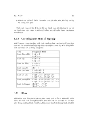 3.2. HÀM 45
• thành các bộ là số đo ba cạnh của tam giác đều, cân, thường, vuông
và không tam giác
Cách cuối cùng có vấn đề là các bộ tạo thành tam giác thường và các bộ
tạo thành tam giác vuông là không rời nhau nên cách này không tạo thành
phân hoạch.
3.1.8 Các đồng nhất thức về tập hợp
Một lớp quan trọng các đồng nhất thức tập hợp được tạo thành nhờ các tính
chất của các phép toán về tập hợp được định nghĩa trước đây. Các đồng nhất
thức này được liệt kê trong bảng sau:
Tên Đồng nhất thức
Luật đồng nhất A ∪ ∅ = A
A ∩ U = A
Luật trội A ∪ U = U
A ∩ ∅ = ∅
Luật lũy đẳng A ∪ A = A
A ∩ A = A
Luật phần bù (A′
)′
= A
Luật giao hoán A ∪ B = B ∪ A
A ∩ B = B ∩ A
Luật kết hợp A ∪ (B ∪ C) = (A ∪ B) ∪ C
A ∩ (B ∩ C) = (A ∩ B) ∩ C
Luật phân phối A ∪ (B ∩ C) = (A ∪ B) ∩ (A ∪ C)
A ∩ (B ∪ C) = (A ∩ B) ∪ (A ∩ C)
Luật DeMorgan (A ∪ B)′
= A′
∩ B′
(A ∩ B)′
= A′
∪ B′
3.2 Hàm
Khái niệm hàm đóng vai trò trung tâm trong phát triển và kiểm thử phần
mềm. Nói một cách không hình thức, hàm liên kết các phần tử của các tập
hợp. Trong chương trình NextDate, hàm được tính bởi chương trình liên kết
 