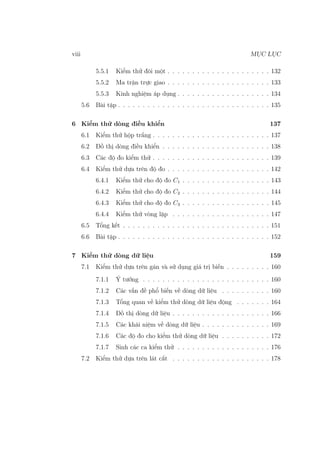 viii MỤC LỤC
5.5.1 Kiểm thử đôi một . . . . . . . . . . . . . . . . . . . . . 132
5.5.2 Ma trận trực giao . . . . . . . . . . . . . . . . . . . . . 133
5.5.3 Kinh nghiệm áp dụng . . . . . . . . . . . . . . . . . . . 134
5.6 Bài tập . . . . . . . . . . . . . . . . . . . . . . . . . . . . . . . 135
6 Kiểm thử dòng điều khiển 137
6.1 Kiểm thử hộp trắng . . . . . . . . . . . . . . . . . . . . . . . . 137
6.2 Đồ thị dòng điều khiển . . . . . . . . . . . . . . . . . . . . . . 138
6.3 Các độ đo kiểm thử . . . . . . . . . . . . . . . . . . . . . . . . 139
6.4 Kiểm thử dựa trên độ đo . . . . . . . . . . . . . . . . . . . . . 142
6.4.1 Kiểm thử cho độ đo C1 . . . . . . . . . . . . . . . . . . 143
6.4.2 Kiểm thử cho độ đo C2 . . . . . . . . . . . . . . . . . . 144
6.4.3 Kiểm thử cho độ đo C3 . . . . . . . . . . . . . . . . . . 145
6.4.4 Kiểm thử vòng lặp . . . . . . . . . . . . . . . . . . . . 147
6.5 Tổng kết . . . . . . . . . . . . . . . . . . . . . . . . . . . . . . 151
6.6 Bài tập . . . . . . . . . . . . . . . . . . . . . . . . . . . . . . . 152
7 Kiểm thử dòng dữ liệu 159
7.1 Kiểm thử dựa trên gán và sử dụng giá trị biến . . . . . . . . . 160
7.1.1 Ý tưởng . . . . . . . . . . . . . . . . . . . . . . . . . . 160
7.1.2 Các vấn đề phổ biến về dòng dữ liệu . . . . . . . . . . 160
7.1.3 Tổng quan về kiểm thử dòng dữ liệu động . . . . . . . 164
7.1.4 Đồ thị dòng dữ liệu . . . . . . . . . . . . . . . . . . . . 166
7.1.5 Các khái niệm về dòng dữ liệu . . . . . . . . . . . . . . 169
7.1.6 Các độ đo cho kiểm thử dòng dữ liệu . . . . . . . . . . 172
7.1.7 Sinh các ca kiểm thử . . . . . . . . . . . . . . . . . . . 176
7.2 Kiểm thử dựa trên lát cắt . . . . . . . . . . . . . . . . . . . . 178
 