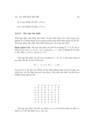 3.6. LÝ THUYẾT ĐỒ THỊ 67
• có tựa đường đi giữa v2 và v4,
• có tựa đường đi giữa v5 và v6.
3.6.2.5 Ma trận đạt được
Tính đạt được một đỉnh cho trước từ một đỉnh khác cho trước bằng một
đường đi có hướng đóng vai trò quan trọng trong nhiều ứng dụng của đồ thị.
Tính đạt được này được biểu diễn thông qua “ma trận đạt được”.
Định nghĩa 3.31. Ma trận đạt được của đồ thị có hướng G = (V, E) với m
đỉnh là ma trận m × m R = (rij), trong đó rij = 1 nếu có đường đi từ đỉnh
vi đến đỉnh vj của G, trái lại rij = 0.
Ma trận đạt được của đồ thị có hướng G = (V, E) có thể được tính từ
ma trận liền kề A của G như sau:
R = I + A + A2
+ . . . + Rk
,
trong đó k là độ dài của đường đi dài nhất không chứa trong nó một chu
trình nào, và I ký hiệu cho ma trận đơn vị. Ma trận đạt được của đồ thị có
hướng trong hình 3.6 là:
v1 v2 v3 v4 v5 v6 v7
v1 0 1 0 1 1 1 0
v2 0 0 0 0 1 0 0
v3 0 0 0 1 0 1 0
v4 0 0 1 0 0 1 0
v5 0 0 0 0 0 0 0
v6 0 0 0 0 0 0 0
v7 0 0 0 0 0 0 0
Ma trận đạt được cho biết các đỉnh v2, v4, v5 có thể đạt được từ đỉnh v1,
đỉnh v5 có thể đạt được từ v2, vân vân.
 