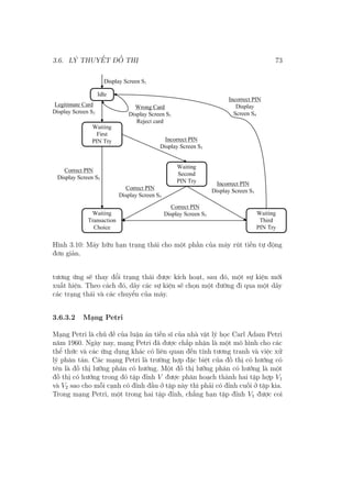 3.6. LÝ THUYẾT ĐỒ THỊ 73
Hình 3.10: Máy hữu hạn trạng thái cho một phần của máy rút tiền tự động
đơn giản.
tương ứng sẽ thay đổi trạng thái được kích hoạt, sau đó, một sự kiện mới
xuất hiện. Theo cách đó, dãy các sự kiện sẽ chọn một đường đi qua một dãy
các trạng thái và các chuyển của máy.
3.6.3.2 Mạng Petri
Mạng Petri là chủ đề của luận án tiến sĩ của nhà vật lý học Carl Adam Petri
năm 1960. Ngày nay, mạng Petri đã được chấp nhận là một mô hình cho các
thể thức và các ứng dụng khác có liên quan đến tính tương tranh và việc xử
lý phân tán. Các mạng Petri là trường hợp đặc biệt của đồ thị có hướng có
tên là đồ thị lưỡng phân có hướng. Một đồ thị lưỡng phân có hướng là một
đồ thị có hướng trong đó tập đỉnh V được phân hoạch thành hai tập hợp V1
và V2 sao cho mỗi cạnh có đỉnh đầu ở tập này thì phải có đỉnh cuối ở tập kia.
Trong mạng Petri, một trong hai tập đỉnh, chẳng hạn tập đỉnh V1 được coi
 