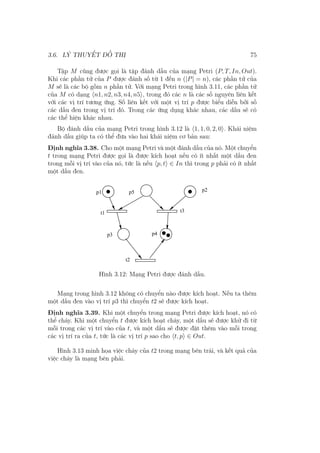 3.6. LÝ THUYẾT ĐỒ THỊ 75
Tập M cũng được gọi là tập đánh dấu của mạng Petri (P, T, In, Out).
Khi các phần tử của P được đánh số từ 1 đến n (|P| = n), các phần tử của
M sẽ là các bộ gồm n phần tử. Với mạng Petri trong hình 3.11, các phần tử
của M có dạng ⟨n1, n2, n3, n4, n5⟩, trong đó các n là các số nguyên liên kết
với các vị trí tương ứng. Số liên kết với một vị trí p được biểu diễn bởi số
các dấu đen trong vị trí đó. Trong các ứng dụng khác nhau, các dấu sẽ có
các thể hiện khác nhau.
Bộ đánh dấu của mạng Petri trong hình 3.12 là ⟨1, 1, 0, 2, 0⟩. Khái niệm
đánh dấu giúp ta có thể đưa vào hai khái niệm cơ bản sau:
Định nghĩa 3.38. Cho một mạng Petri và một đánh dấu của nó. Một chuyển
t trong mạng Petri được gọi là được kích hoạt nếu có ít nhất một dấu đen
trong mỗi vị trí vào của nó, tức là nếu ⟨p, t⟩ ∈ In thì trong p phải có ít nhất
một dấu đen.
t3t1
t2
p1 p5 p2
p4p3
Hình 3.12: Mạng Petri được đánh dấu.
Mạng trong hình 3.12 không có chuyển nào được kích hoạt. Nếu ta thêm
một dấu đen vào vị trí p3 thì chuyển t2 sẽ được kích hoạt.
Định nghĩa 3.39. Khi một chuyển trong mạng Petri được kích hoạt, nó có
thể cháy. Khi một chuyển t được kích hoạt cháy, một dấu sẽ được khử đi từ
mỗi trong các vị trí vào của t, và một dấu sẽ được đặt thêm vào mỗi trong
các vị trí ra của t, tức là các vị trí p sao cho ⟨t, p⟩ ∈ Out.
Hình 3.13 minh họa việc cháy của t2 trong mạng bên trái, và kết quả của
việc cháy là mạng bên phải.
 